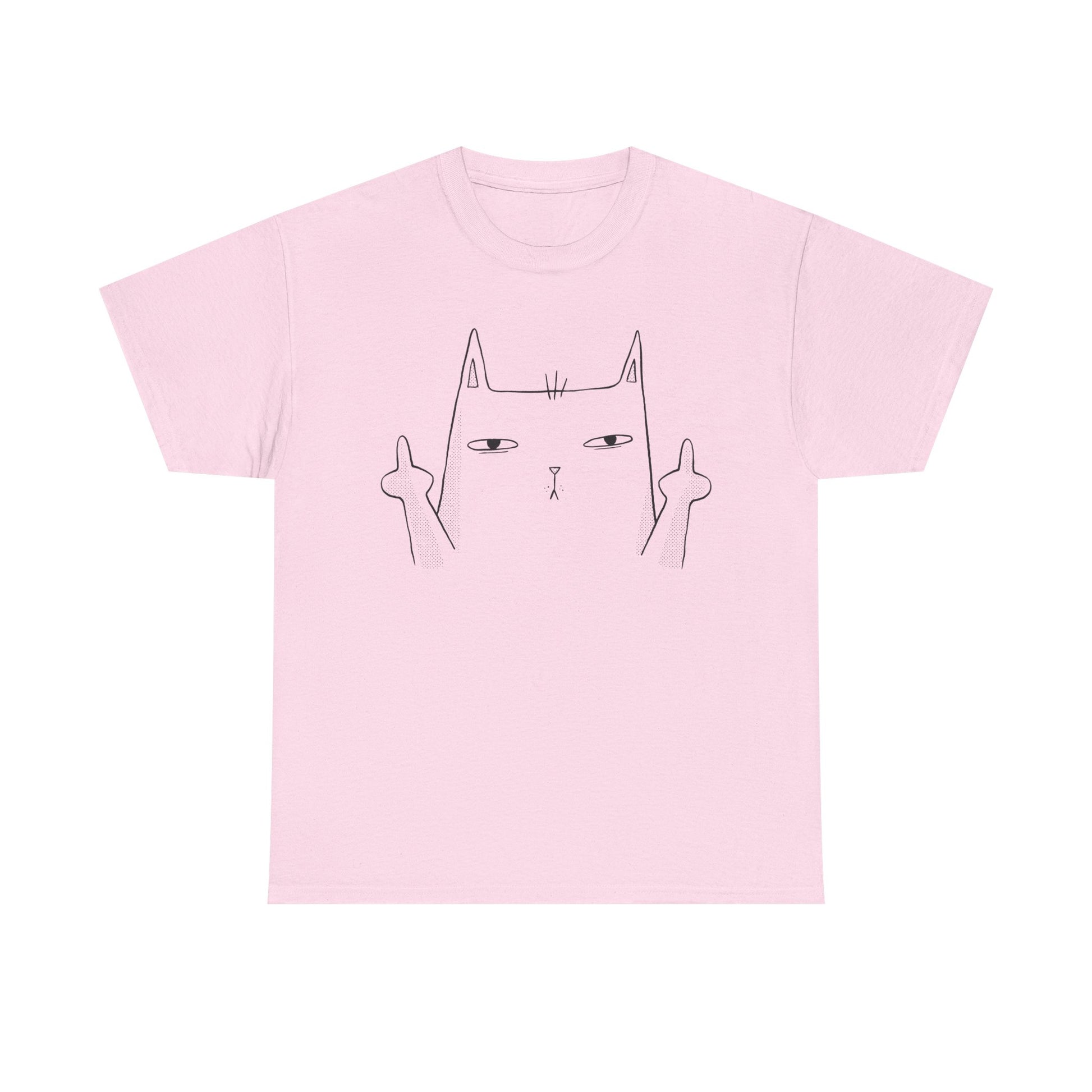 Hellpinkes T-Shirt mit schwarzer Strichzeichnung: Eine Katze mit leerem Blick und doppeltem Mittelfinger – rebellisch, rotzig und herrlich unbeteiligt.