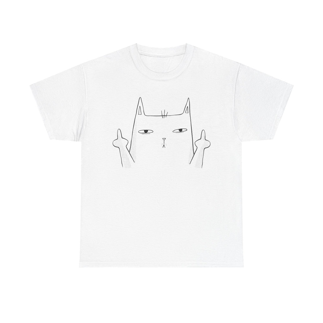 Weißes T-Shirt mit minimalistischer Liniengrafik: Eine gelangweilt dreinblickende Katze zeigt mit beiden Pfoten den Mittelfinger. Schwarz-weißer Lineart-Stil mit Ironie-Overload – für alle, die ein Statement setzen möchten, ohne ein Wort zu sagen.