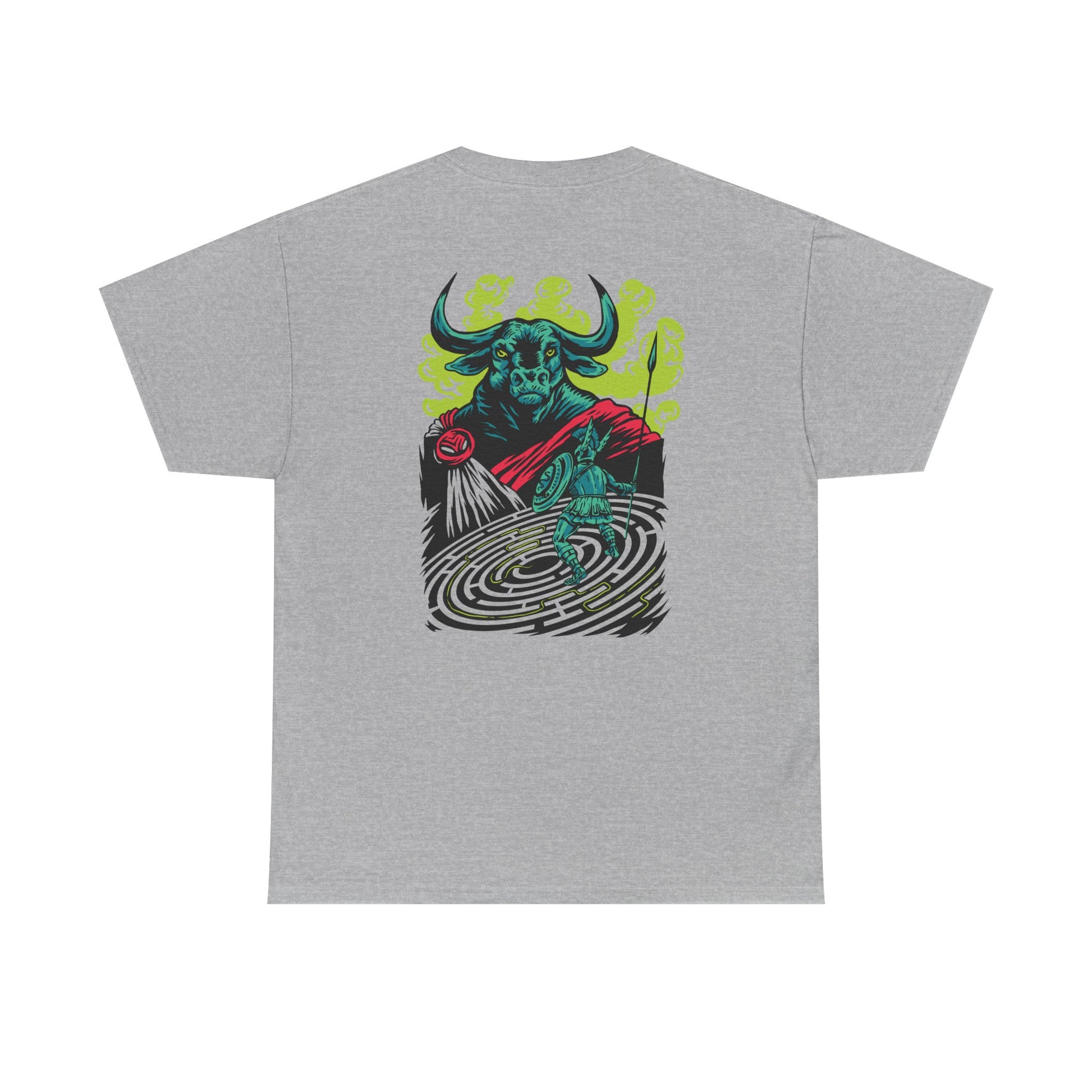 Graues Unisex T-Shirt mit detailliertem Minotaurus-Back-Print im griechisch inspirierten Comic-Stil über einem stilisierten Labyrinth