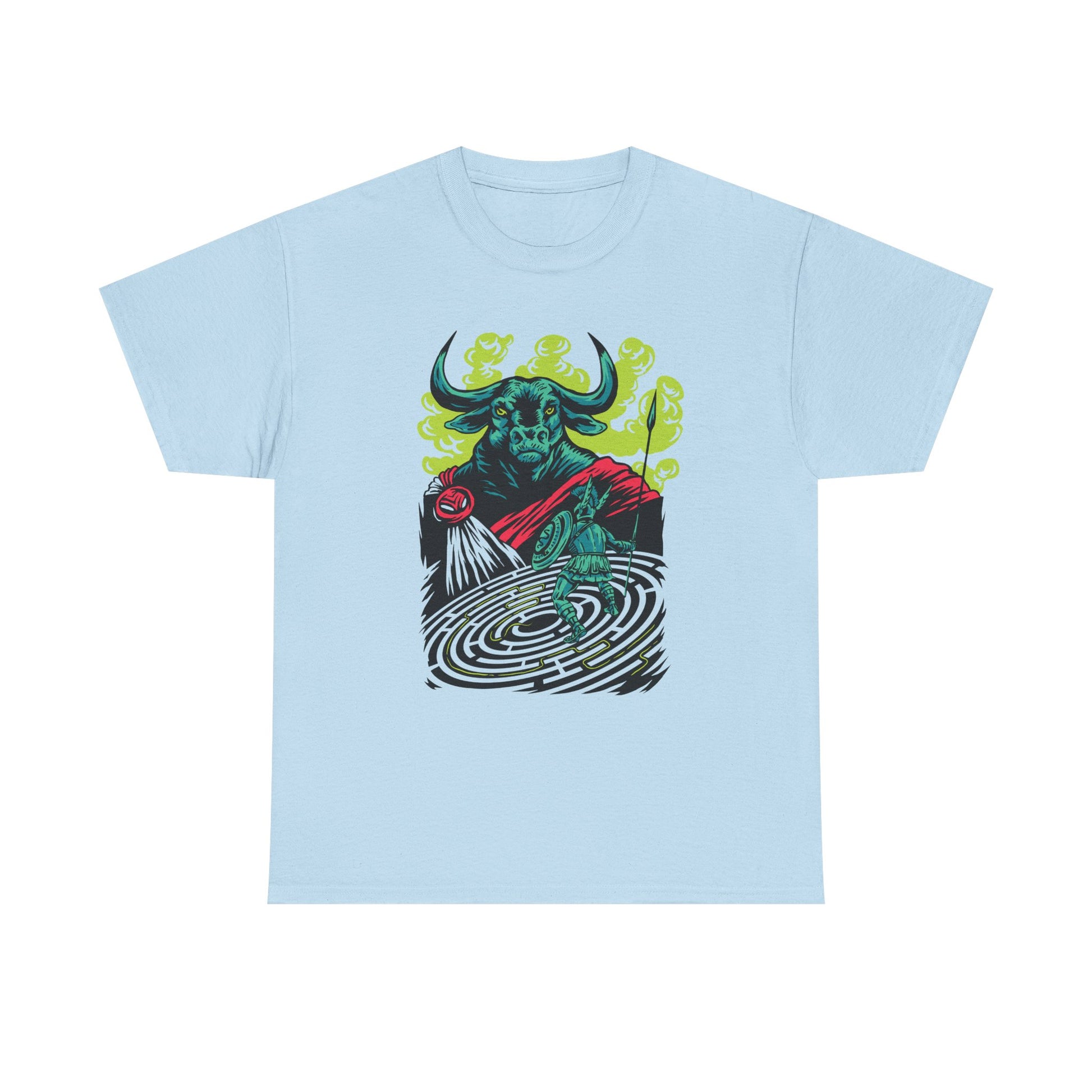 Hellblaues Unisex T-Shirt mit stilisiertem Minotaurus-Print auf der Vorderseite – inspiriert von antiker Mythologie