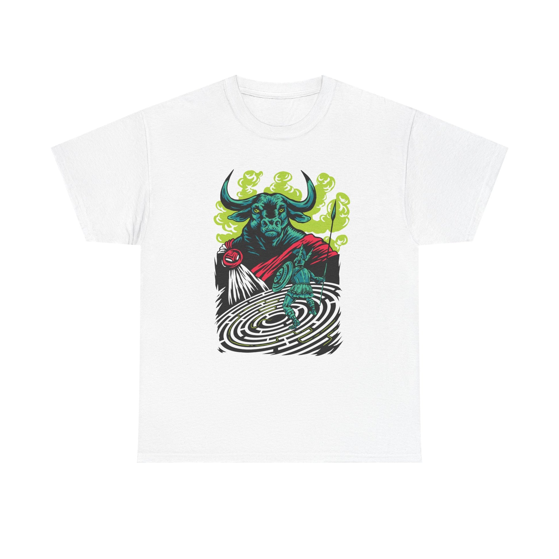 Weißes Unisex T-Shirt mit farbenfrohem Front-Print des Minotaurus im Comicstil – griechische Mythologie trifft modernes Streetwear-Design