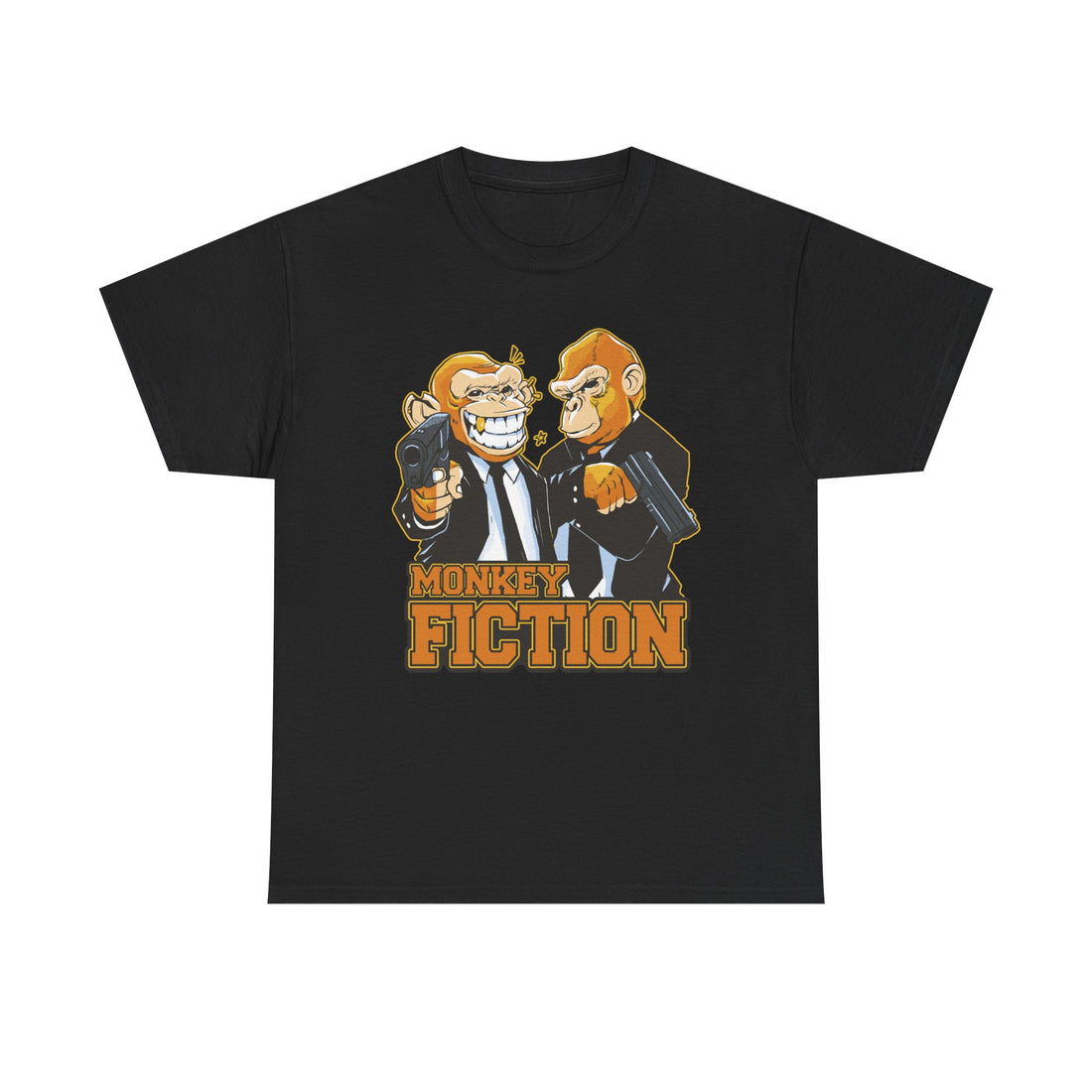 Schwarzes Unisex T‑Shirt mit zwei bewaffneten Affen im schwarzen Anzug als Comiczeichnung. Humorvolle Parodie auf den Kultfilm Pulp Fiction von Quentin Tarantino.
