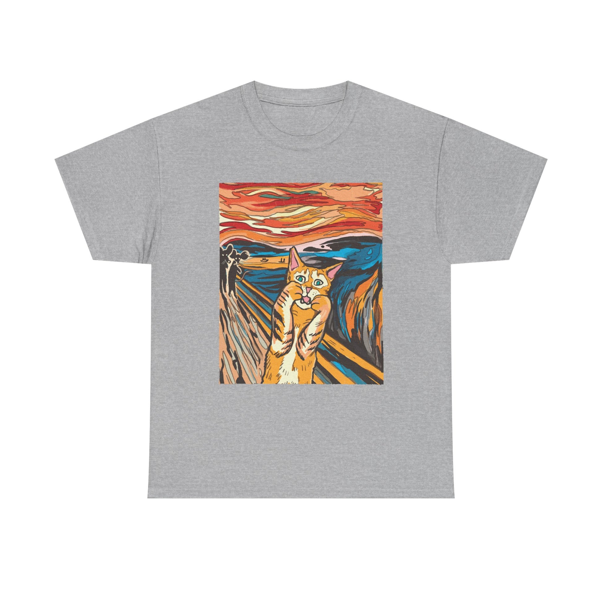 Graues T-Shirt mit Cartoon-Katze, inspiriert von Edvard Munchs "Der Schrei". Die orange Katze schreit in expressionistischer Landschaft – Kunst trifft Humor für Katzenfans.