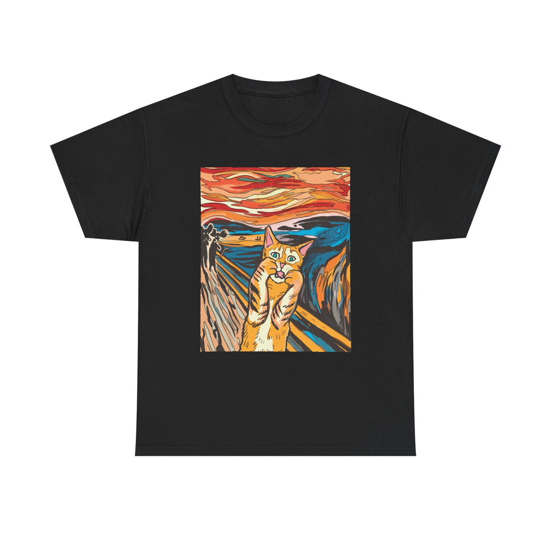 Schwarzes T-Shirt mit Cartoon-Katze, inspiriert von Edvard Munchs "Der Schrei". Die orange Katze schreit in expressionistischer Landschaft – Kunst trifft Humor für Katzenfans.