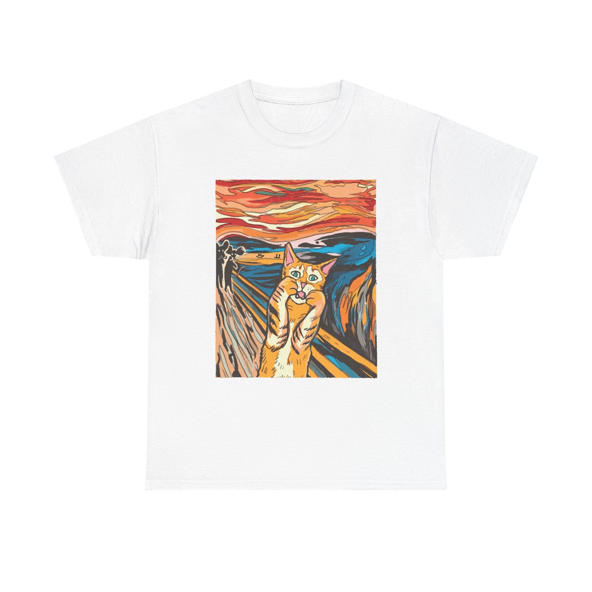 Weißes T-Shirt mit bunter Munch-inspirierter Grafik: Eine schreiende Katze im Expressionismus-Stil – kreatives Funshirt mit Kunstbezug.