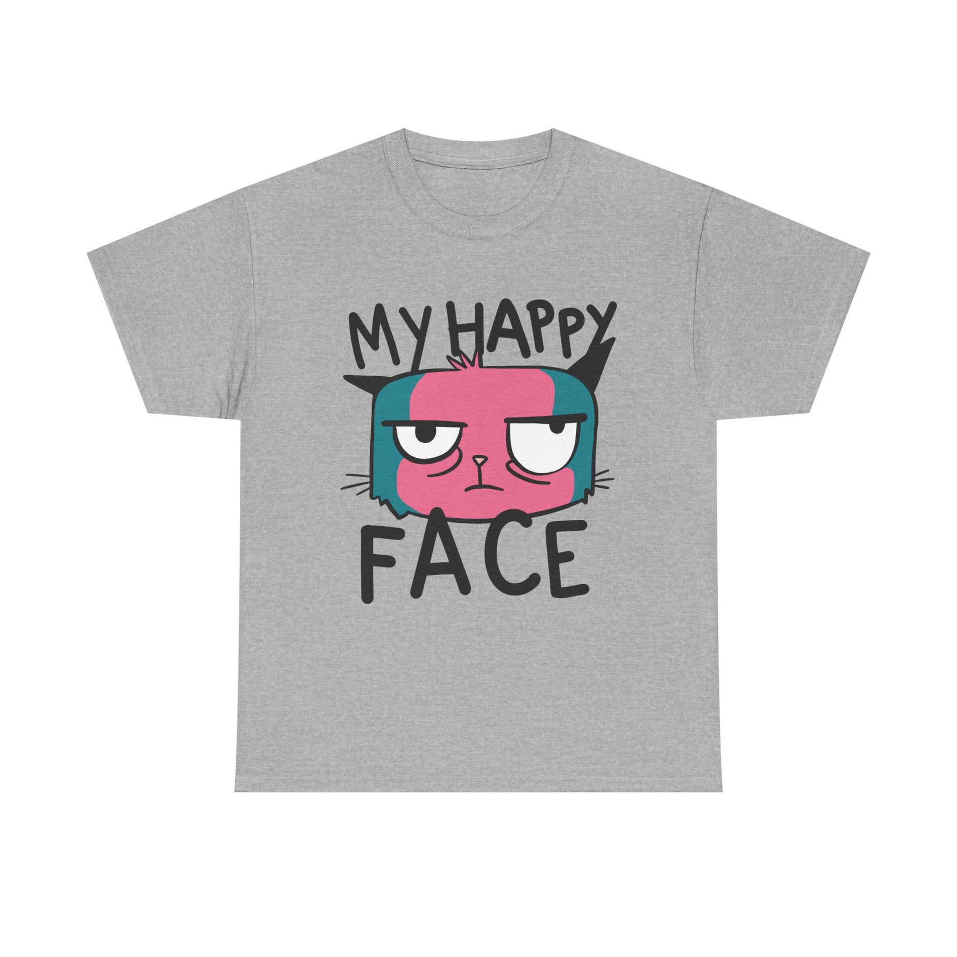Graues T-Shirt mit pink-blauem Katzenkopf und sarkastischem Spruch „MY HAPPY FACE“. Der ausdruckslose Blick der Katze sorgt für visuelles Augenzwinkern – perfekt für Grumpy-Momente.