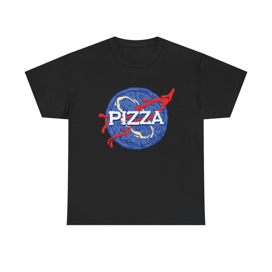 Schwarzes Unisex T Shirt mit lustigem Frontdesign. Das NASA Logo wurde humorvoll mit einer runden Pizza parodiert, inklusive roter Sauce als Umlaufbahn.