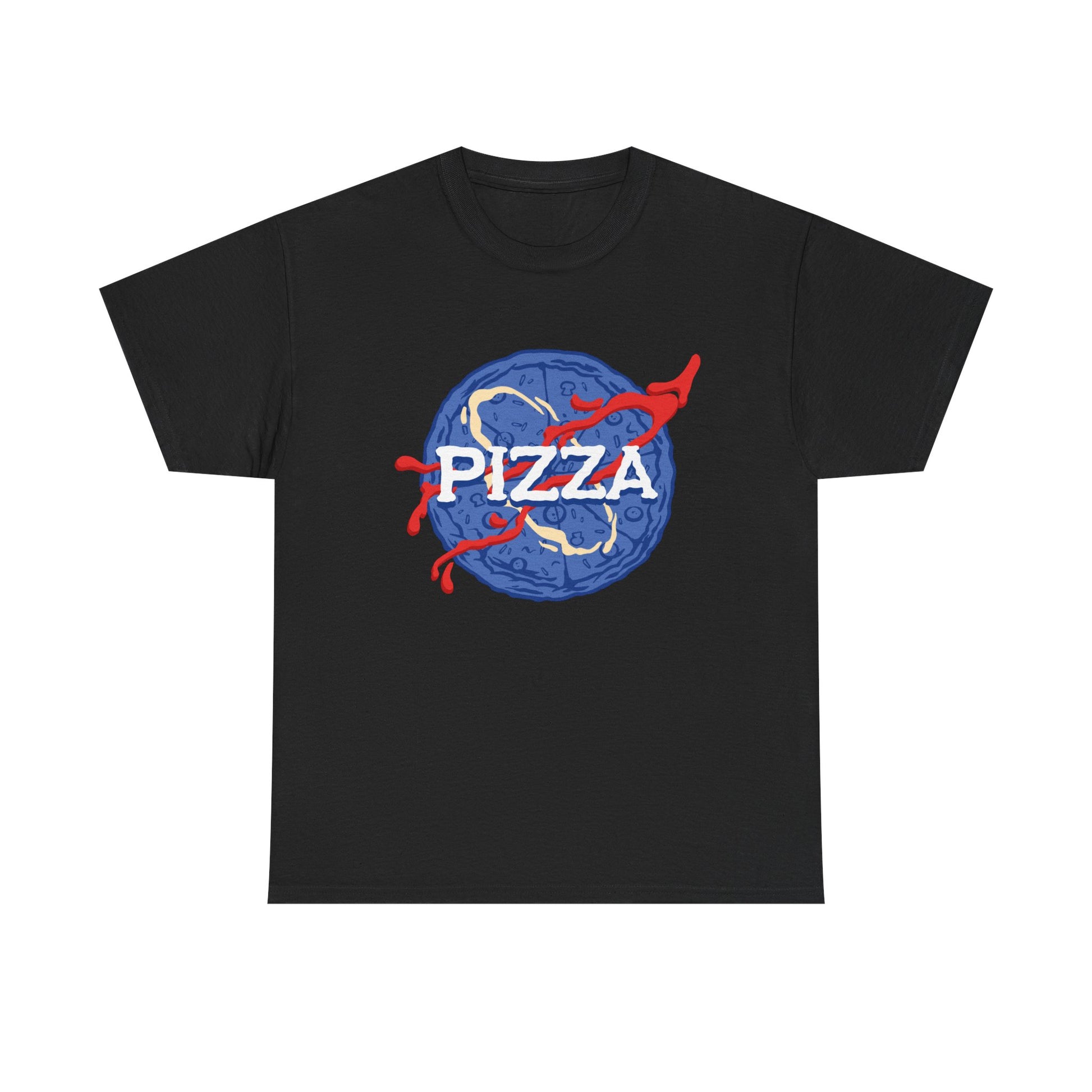 Schwarzes Unisex T Shirt mit lustigem Frontdesign. Das NASA Logo wurde humorvoll mit einer runden Pizza parodiert, inklusive roter Sauce als Umlaufbahn.