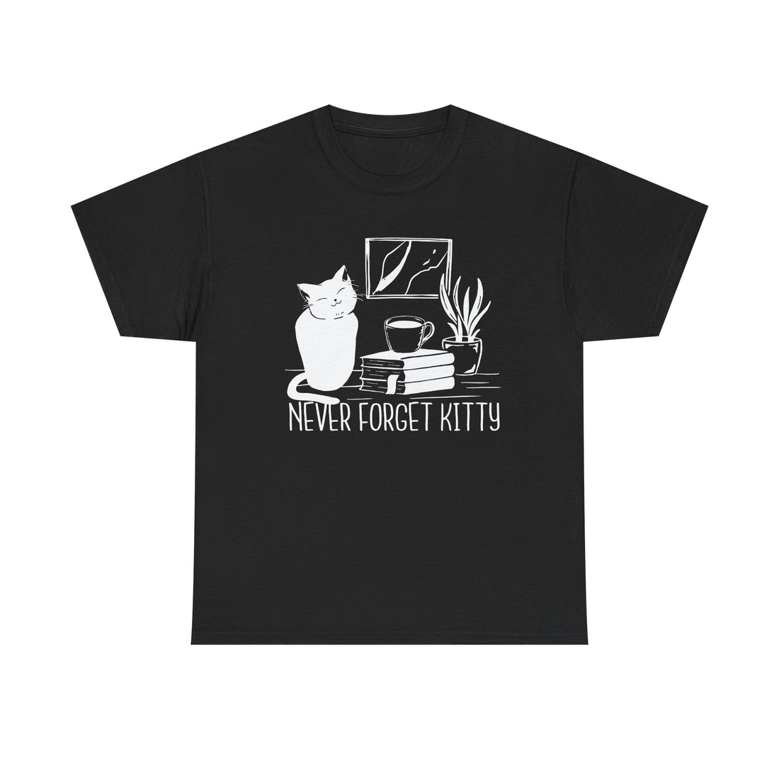 Schwarzes T-Shirt mit weißem minimalistischen Katzenmotiv: Katze neben Büchern, Pflanze und Tasse mit dem Spruch „Never forget kitty“ – schlicht und stilvoll.