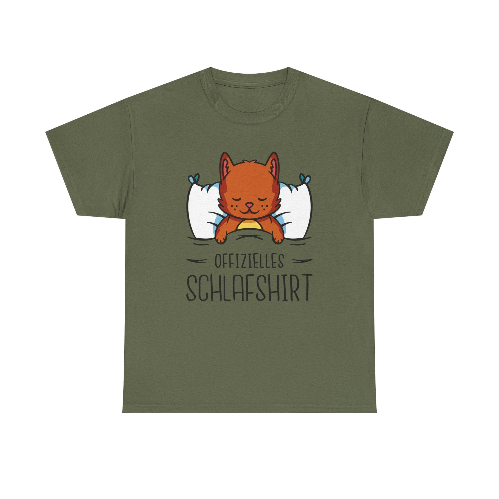 Militärgrünes Shirt mit einer schlafenden Katze und klarer Botschaft: „OFFIZIELLES SCHLAFSHIRT“. Das ideale Nachtoutfit für Katzenliebhaber mit Augenzwinkern.