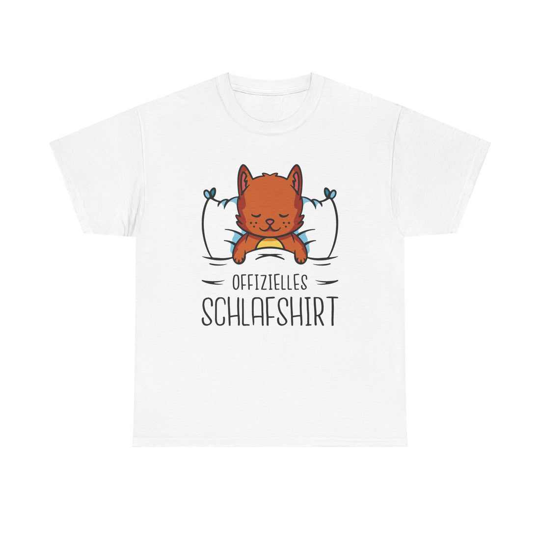 Weißes T-Shirt mit Frontdesign: Eine schlafende, rotbraune Katze liegt friedlich zwischen zwei Kissen. Darunter steht in klarer Typografie: „OFFIZIELLES SCHLAFSHIRT“. Ideal für gemütliche Nächte und entspannte Tage.