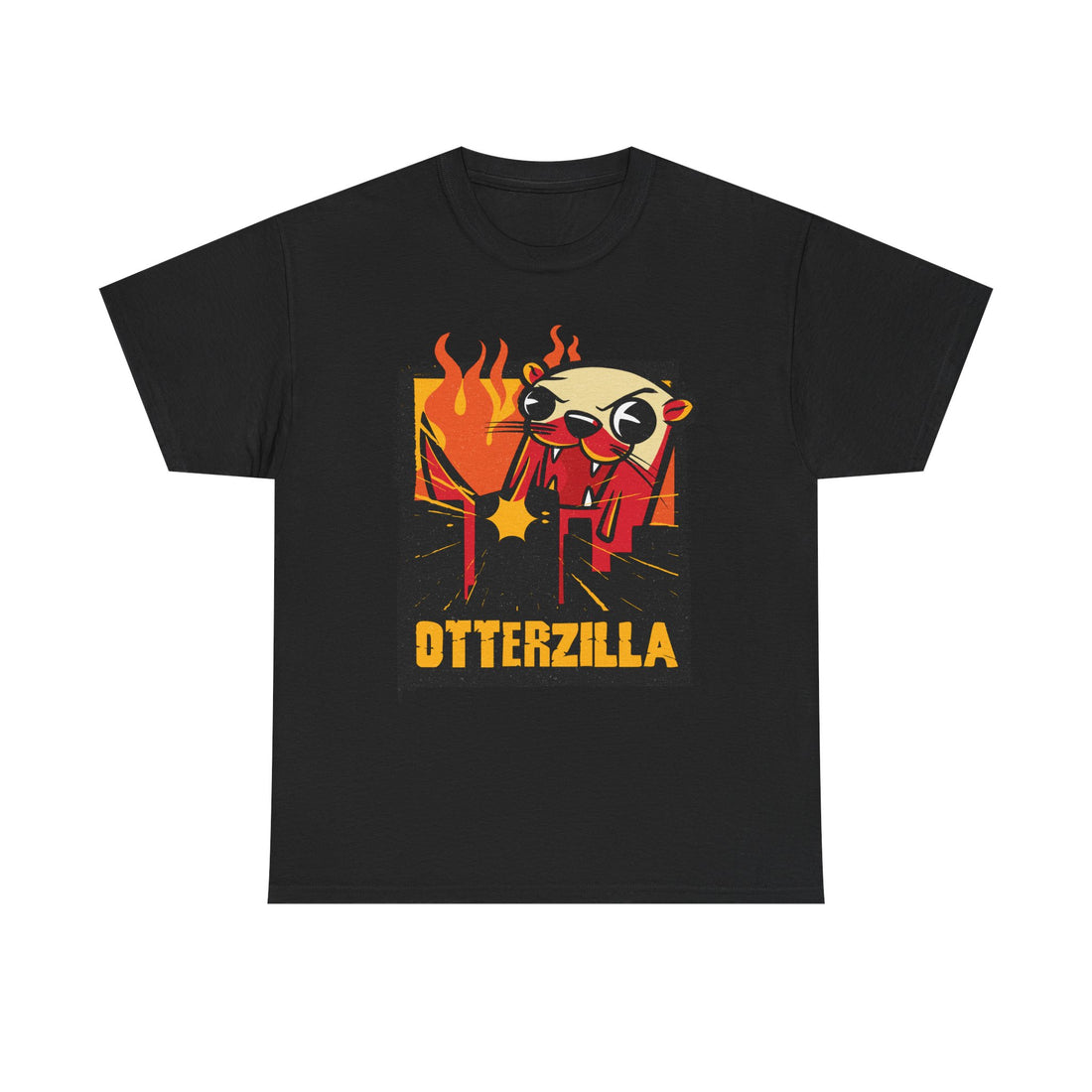 Schwarzes T Shirt mit Otterzilla Comicdesign: Ein wütender Otter im roten Anzug zerstört Gebäude, Flammen und Explosion im Hintergrund. Text: OTTERZILLA.