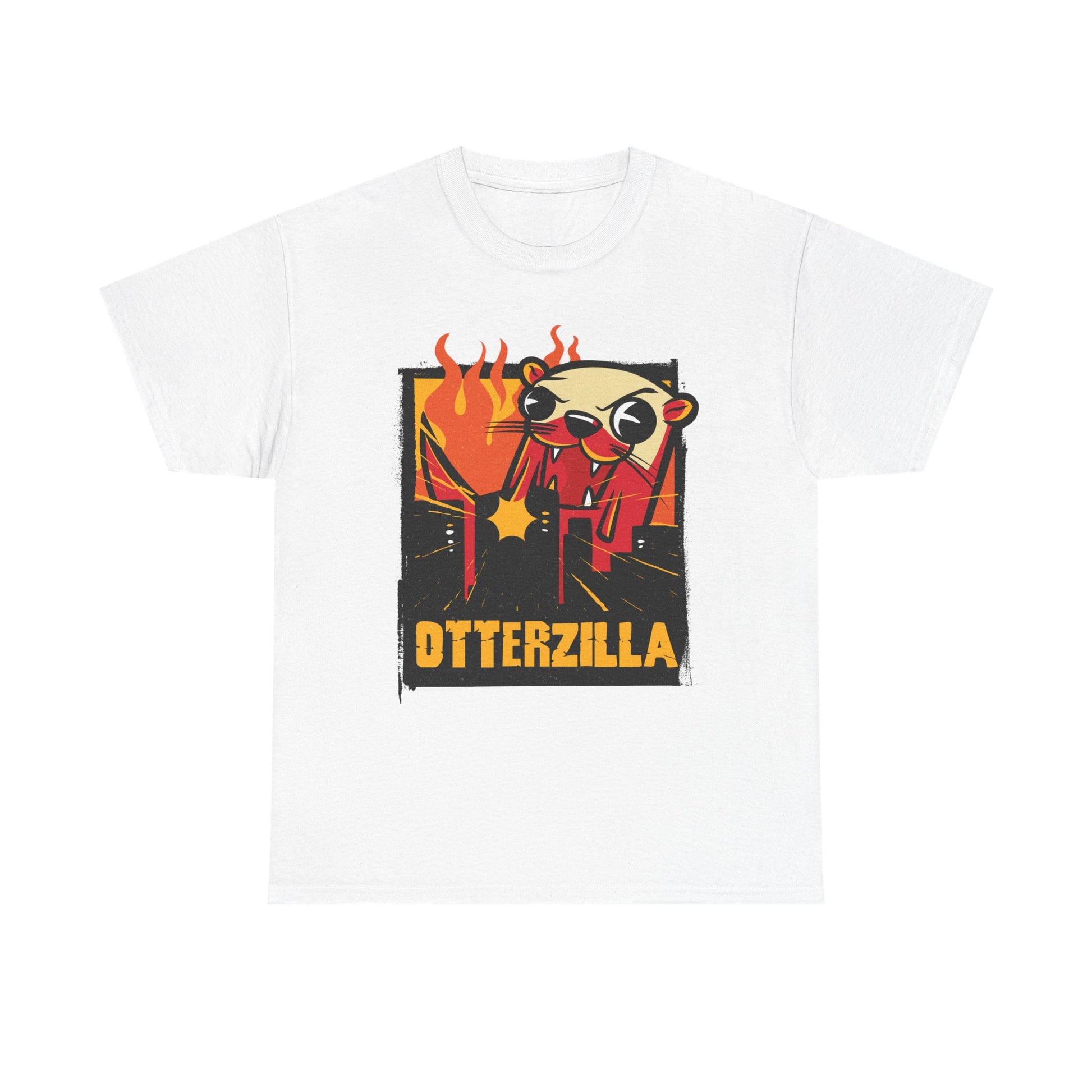 Weißes T Shirt mit bunter Otterzilla Grafik: Cartoon Otter zerstört eine Stadt, umgeben von Explosionen und Flammen. Kultiger Filmstil.