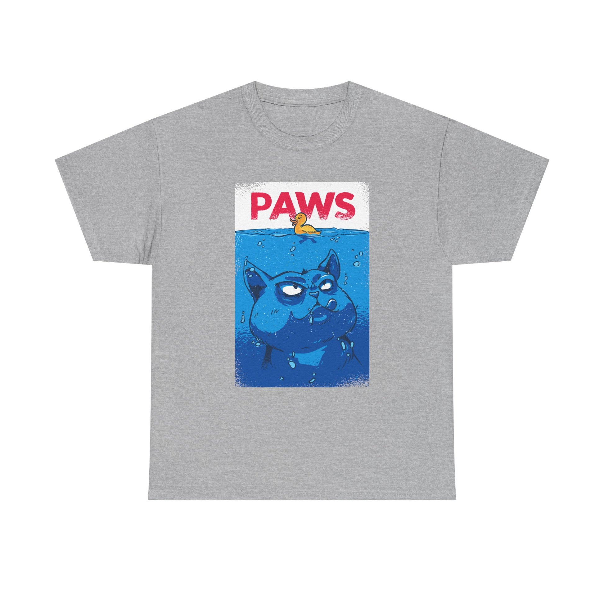 Graues T-Shirt mit blauer Katzenillustration im Wasser, inspiriert vom Film „Jaws“ – der Schriftzug „PAWS“ macht’s zur witzigen Parodie.