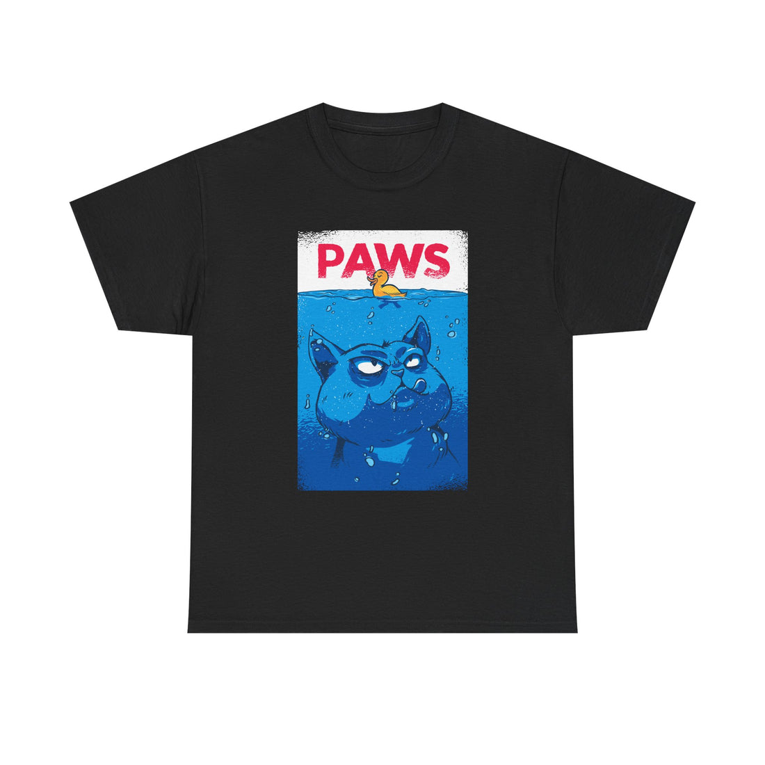 Schwarzes T-Shirt mit Parodie auf das „Jaws“-Filmplakat – eine entschlossene blaue Katze taucht unter einem gelben Quietscheentchen auf, begleitet vom Wortspiel „PAWS“.