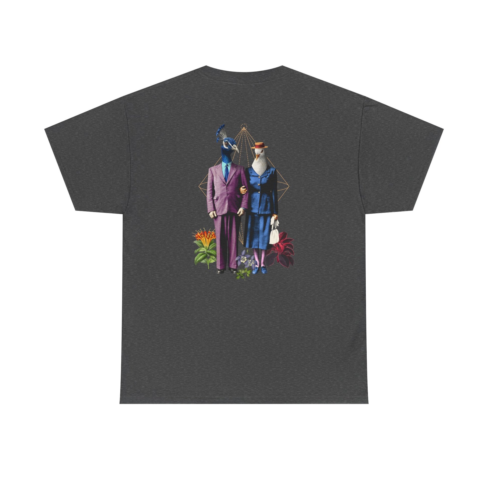 Dunkelgraues T-Shirt mit Back Print einer Animal-Human-Collage mit Pfau- und Taubenpaar