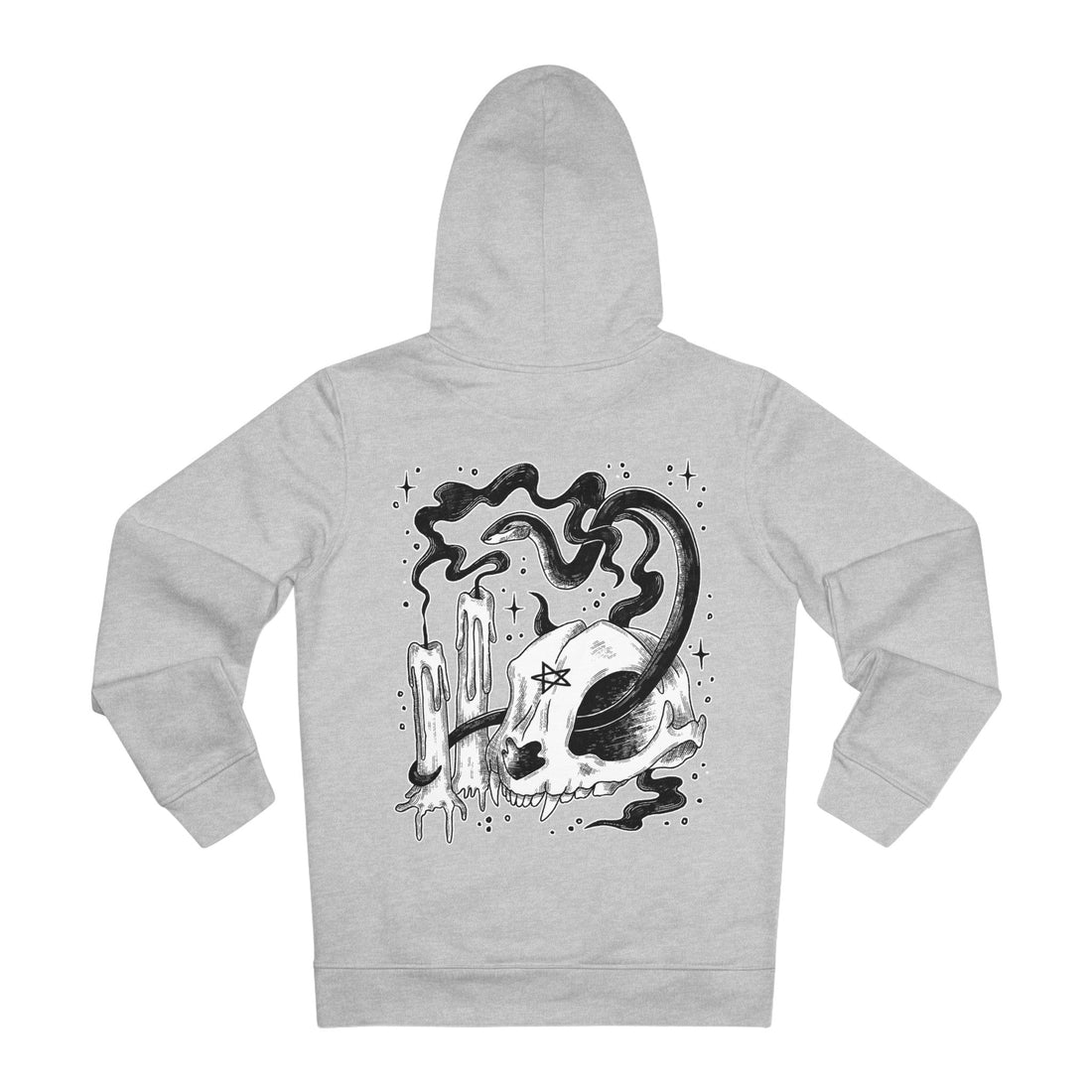 Printify Hoodie Heather Grey / S Pentagram Skull and Snake - Dark Magic in Black & White - Hoodie - Back Design