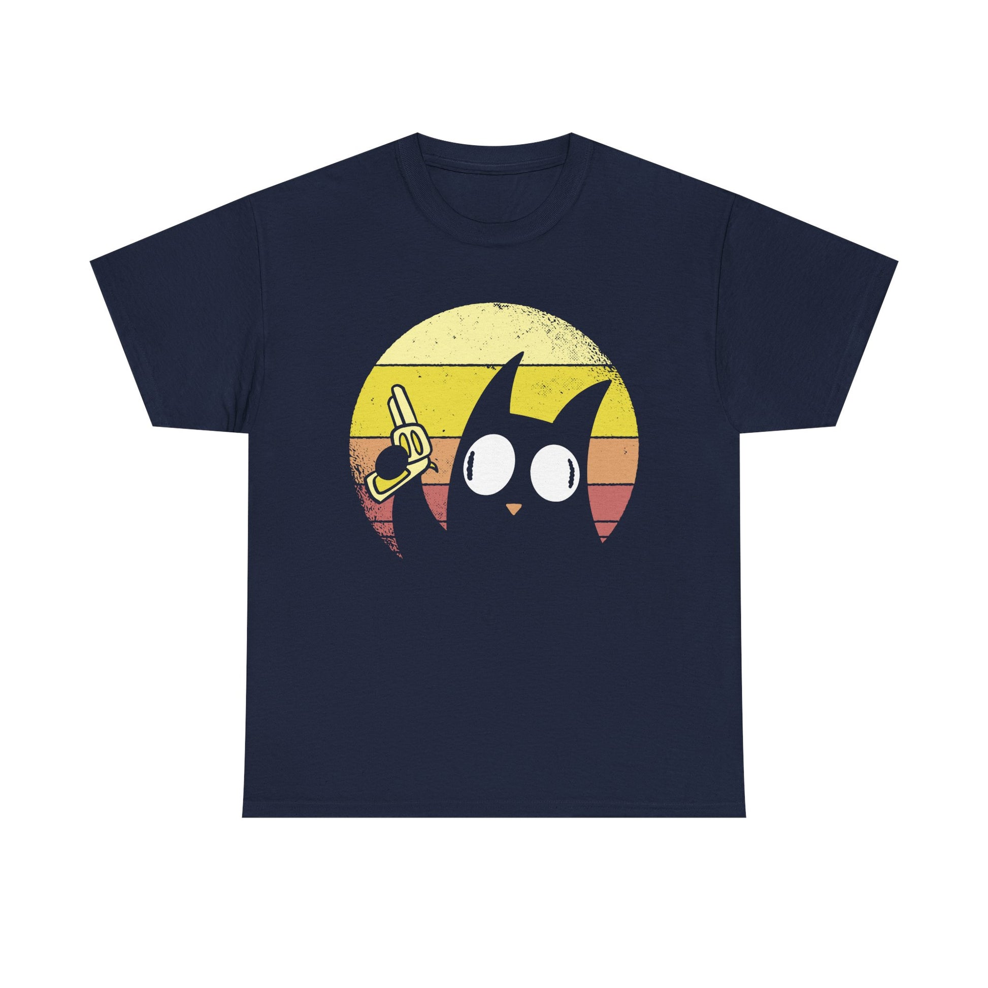 Marineblaues T-Shirt mit Retro-Katzenmotiv: Eine schwarze Katze mit großen Augen formt eine Fingerpistole – humorvoll und stylisch zugleich.