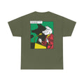 Militärgrünes Unisex T-Shirt mit Back Print eines politischen Schweins im Comic-Mafia-Stil