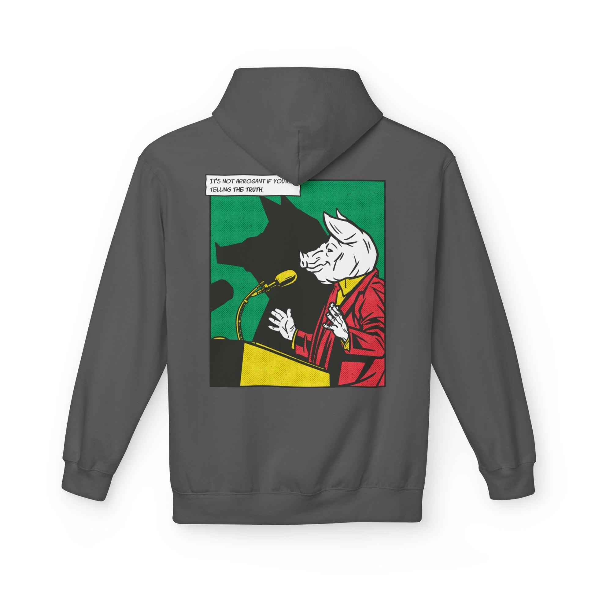 Dunkelgrauer Unisex Hoodie mit satirischem Comic-Mafia Schwein-Politiker Back Print