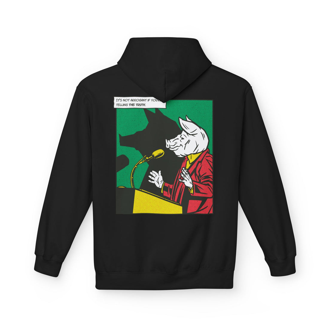 Schwarzer Unisex Hoodie mit Back-Print eines Comic-Mafia Schweins als Politiker-Motiv im satirischen Stil