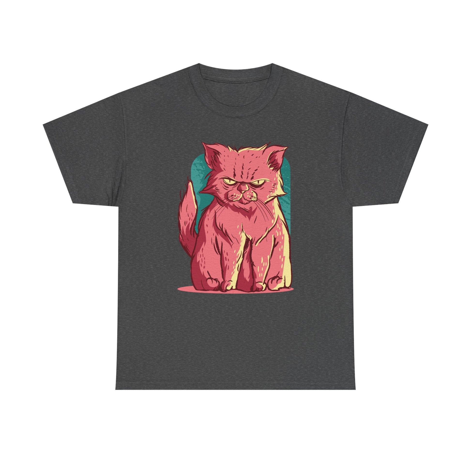 Dunkelgraues T-Shirt mit pinkfarbener Comic-Katze, die grimmig dreinschaut – das perfekte Shirt für ironische Katzenfans.