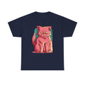 Marineblaues T-Shirt mit witzigem Motiv einer pinken, mürrischen Katze auf farbigem Hintergrund – für Fans mit schrägem Humor.