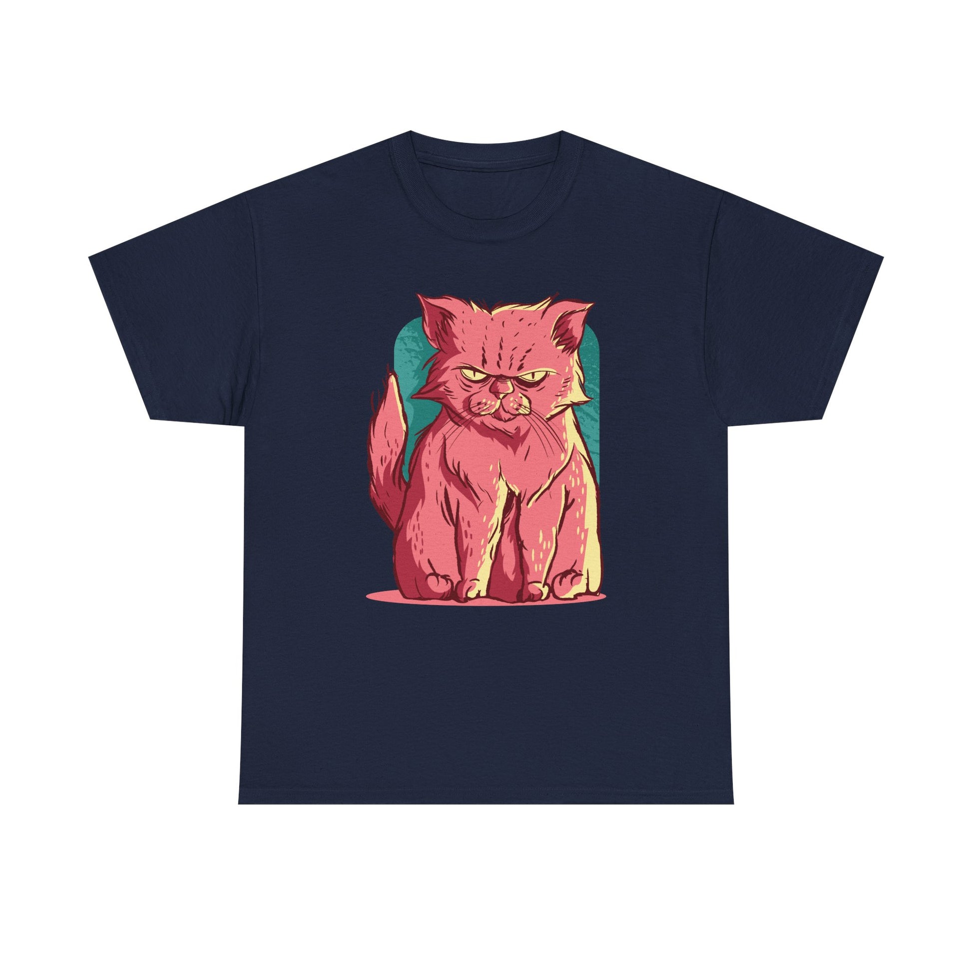 Marineblaues T-Shirt mit witzigem Motiv einer pinken, mürrischen Katze auf farbigem Hintergrund – für Fans mit schrägem Humor.
