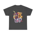 Dunkelgraues T Shirt mit Pizza-Kaiju als Comic-Motiv. Die humorvolle Interpretation eines japanischen Monsterfilms kombiniert Pop-Art und Food-Parodie.