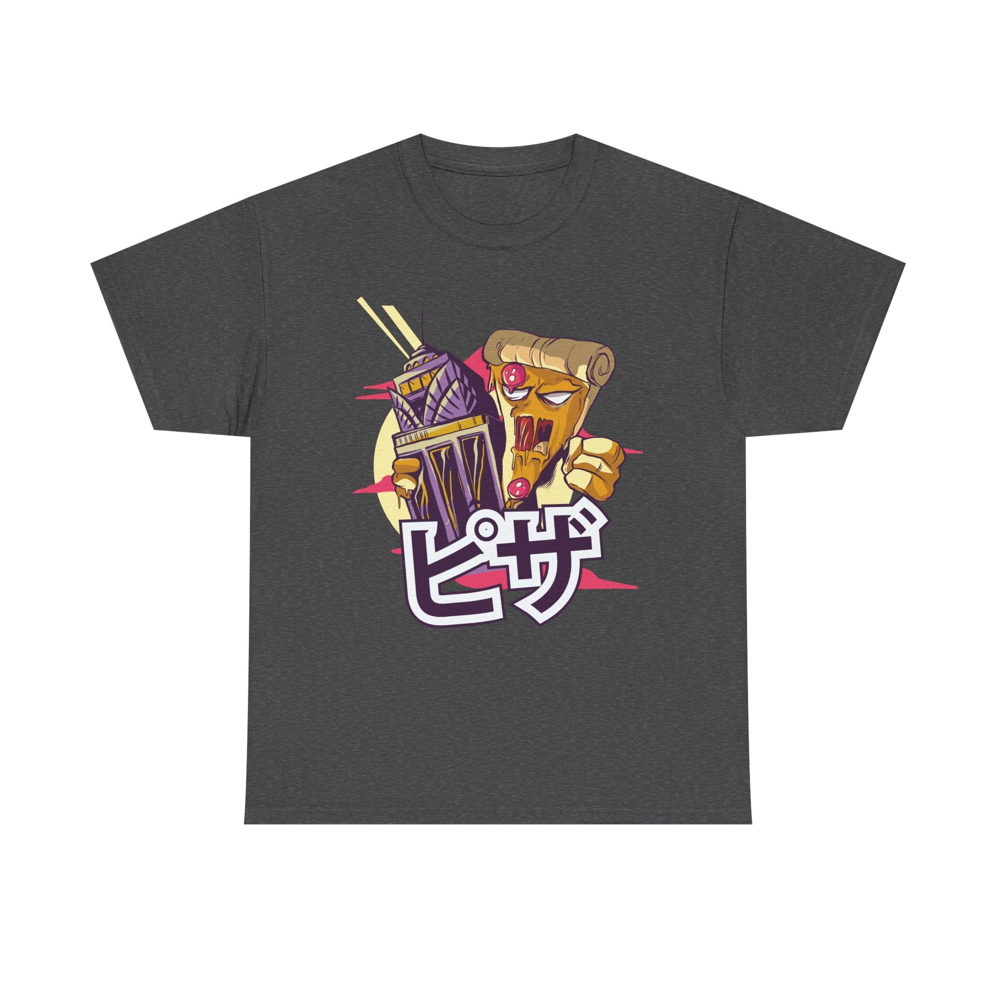 Dunkelgraues T Shirt mit Pizza-Kaiju als Comic-Motiv. Die humorvolle Interpretation eines japanischen Monsterfilms kombiniert Pop-Art und Food-Parodie.