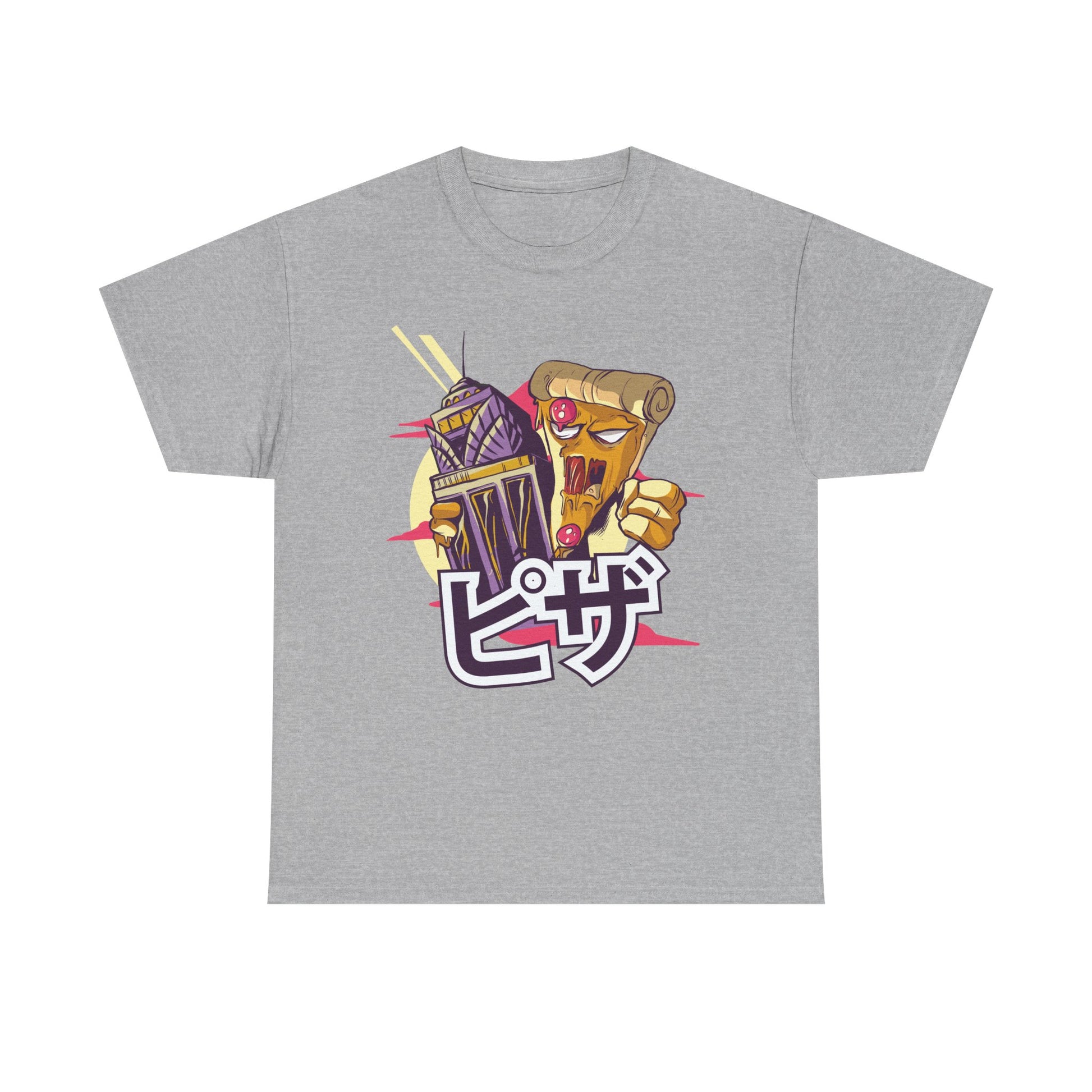 Graues Unisex T Shirt mit Pizza-Kaiju-Design auf der Front. Die Monster-Ästhetik gepaart mit japanischer Typografie erinnert an Godzilla-Parodien und Popkultur-Klassiker.