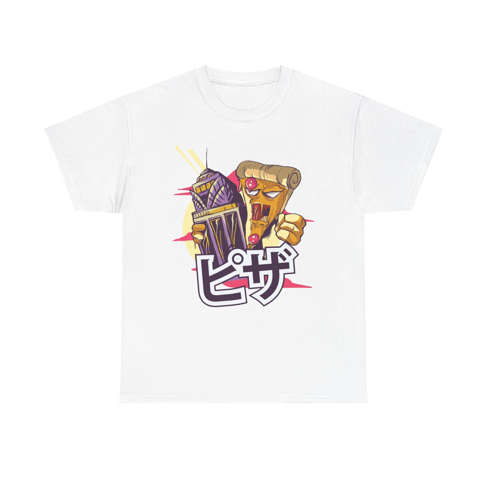 Weißes T Shirt mit Frontdruck eines Pizza-Monsters im Godzilla-Stil. Die bunte Comicgrafik kombiniert Humor mit einem japanisch inspirierten Design.