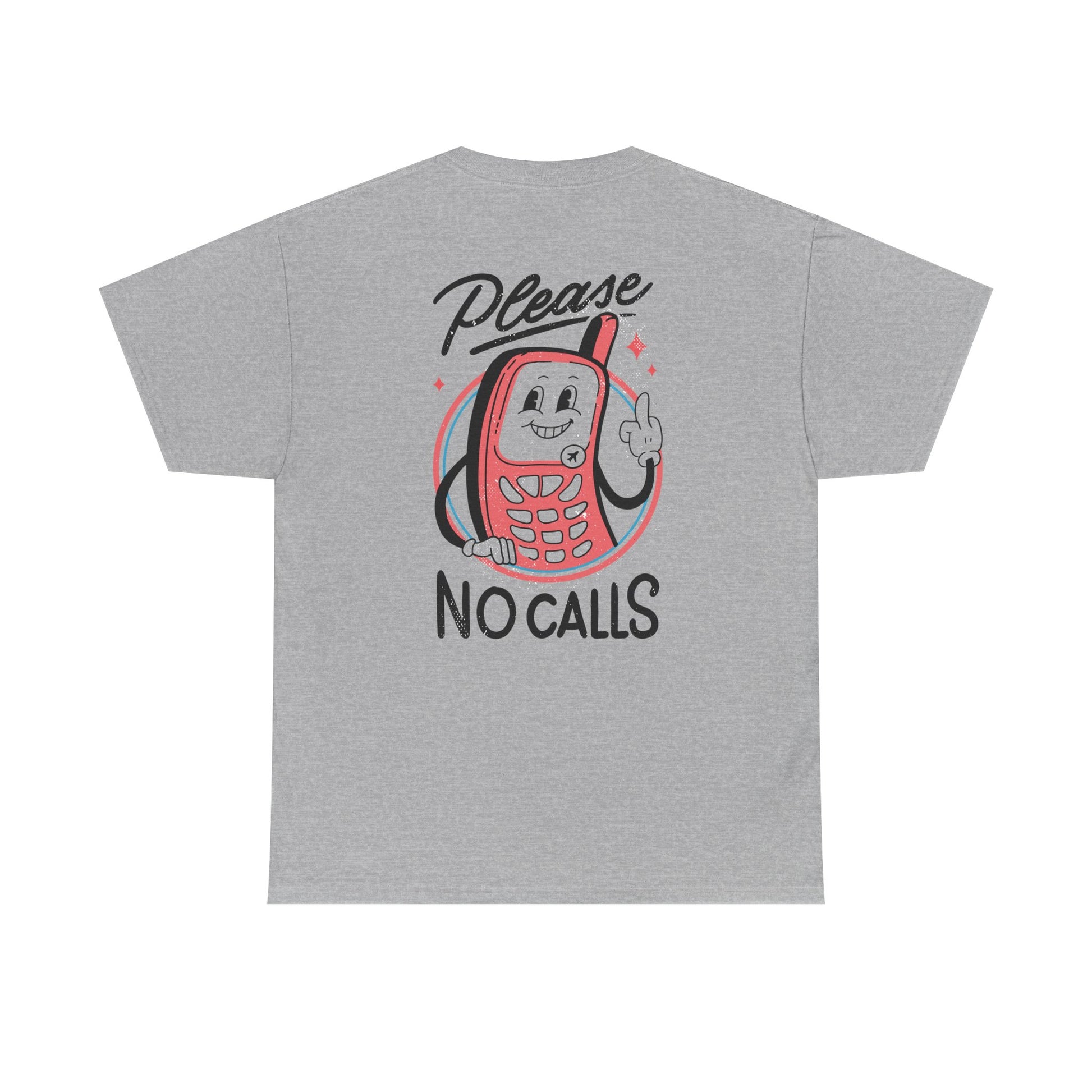 Graues T-Shirt mit Back Print und dem Statement „Please no calls“ im Antisocial-Retro-Stil