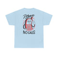 Hellblaues T-Shirt mit Back Print und dem Statement „Please no calls“ im Antisocial-Retro-Stil