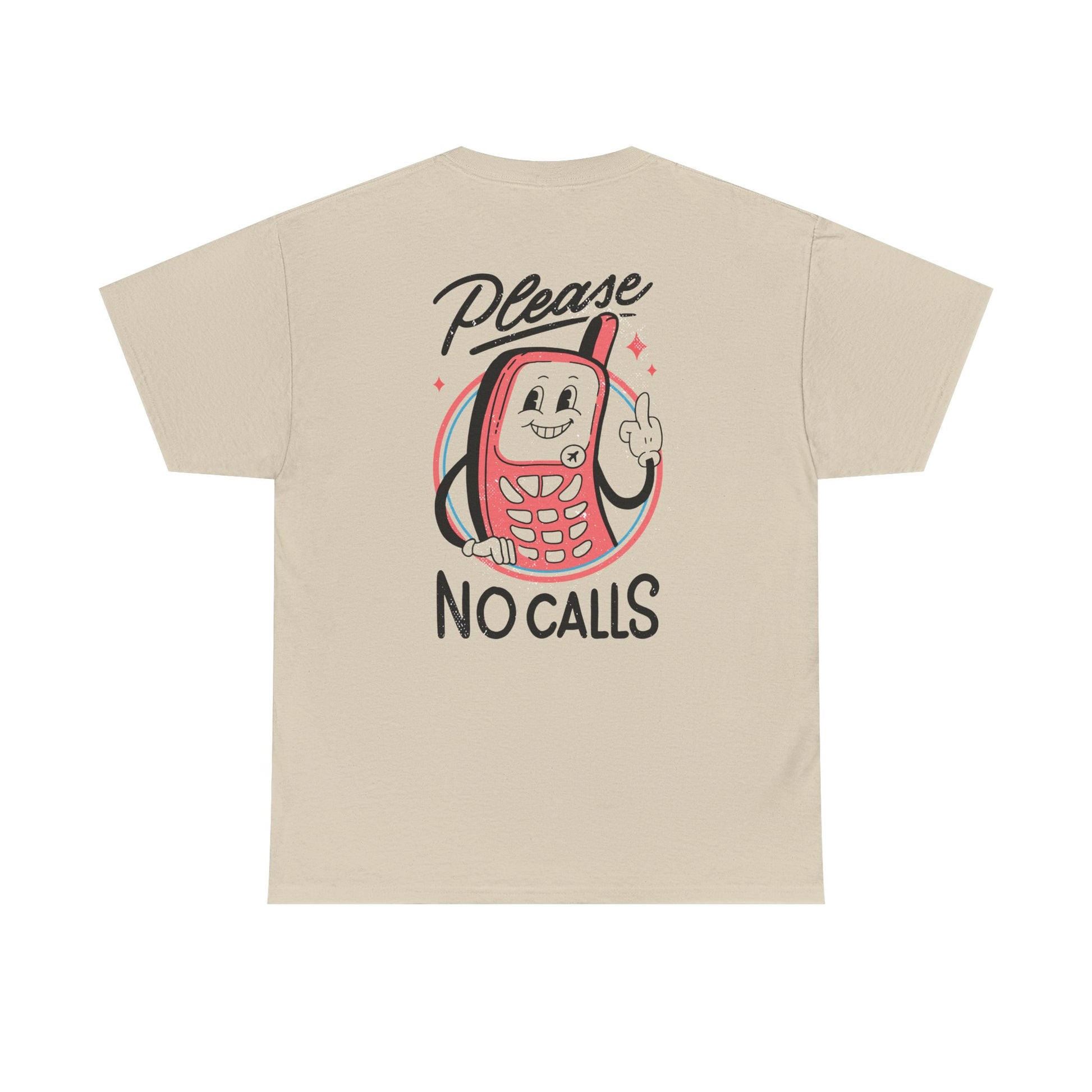 Sandfarbenes T-Shirt mit Back Print und dem Statement „Please no calls“ im Antisocial-Retro-Stil