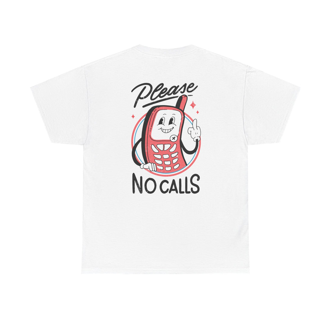Weißes T-Shirt mit Back Print und dem Statement „Please no calls“ im Antisocial-Retro-Stil