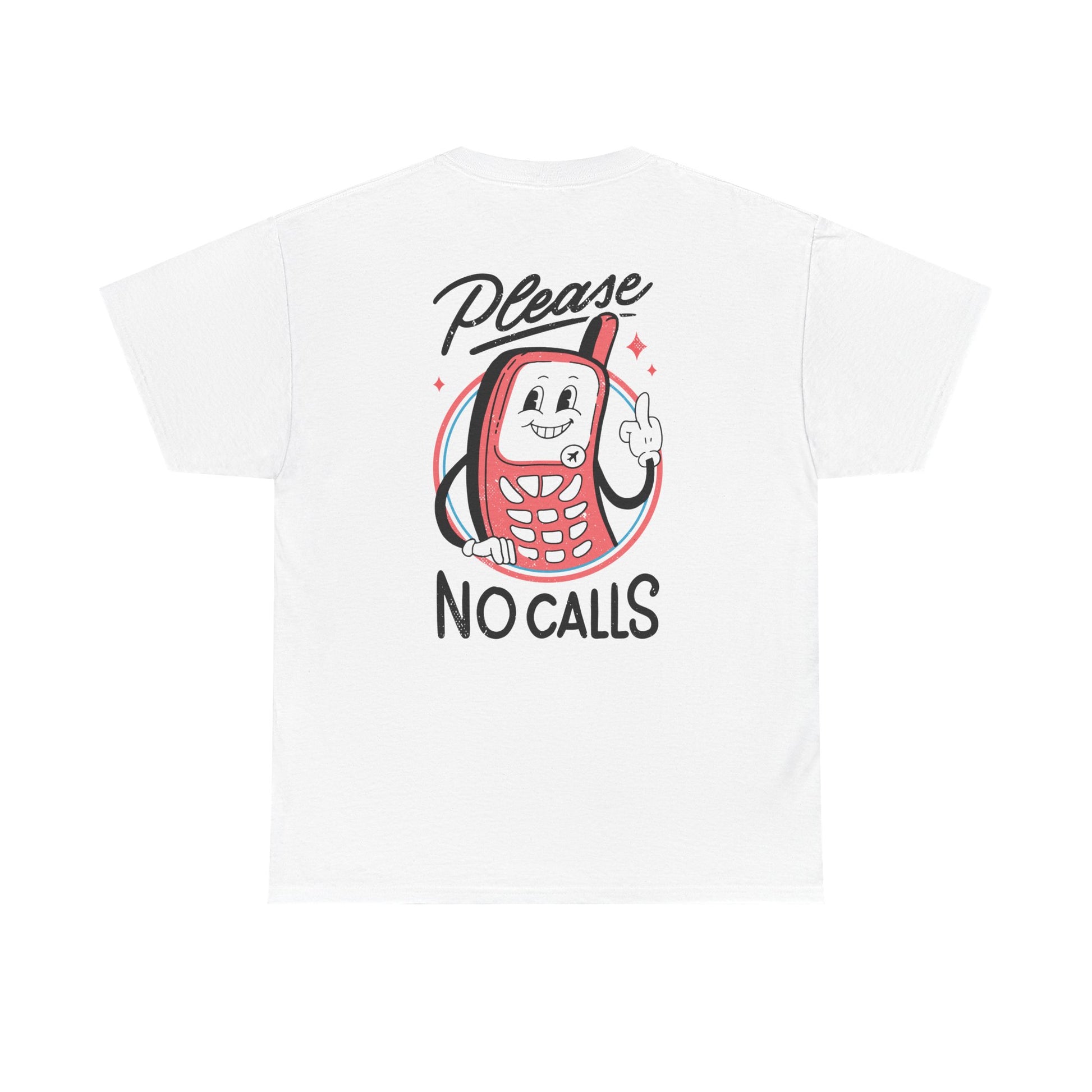Weißes T-Shirt mit Back Print und dem Statement „Please no calls“ im Antisocial-Retro-Stil