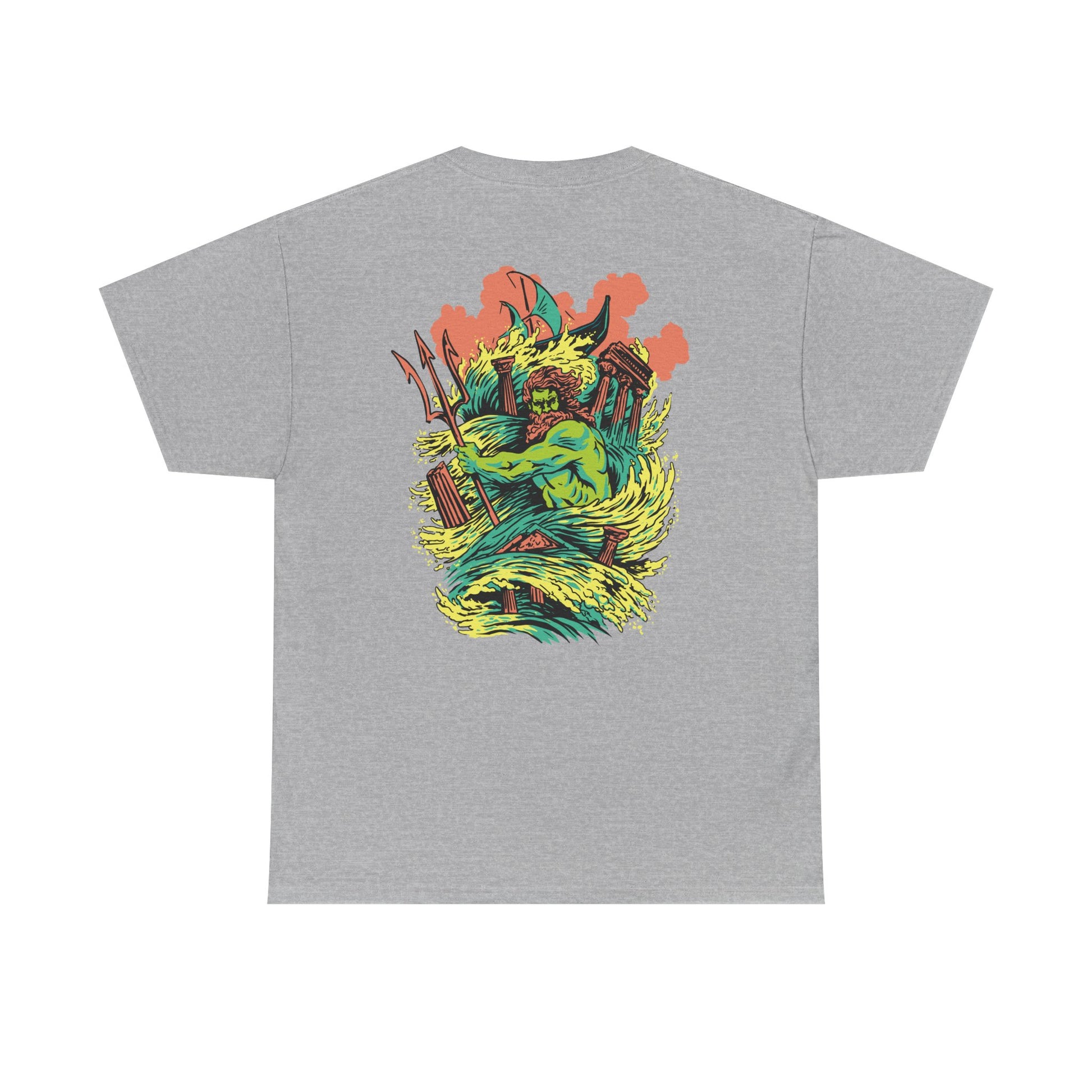 Graues Unisex T-Shirt mit Back-Print einer dynamischen Poseidon-Illustration mit Dreizack, Wasserwellen und antiken Säulen