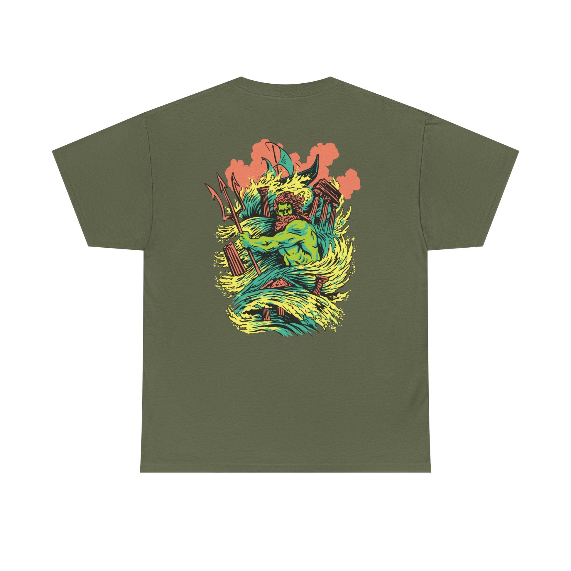 Militärgrünes Unisex T-Shirt mit Back-Print von Poseidon im Wasserwirbel mit Dreizack – mythologisch, gewaltig und farbstark illustriert