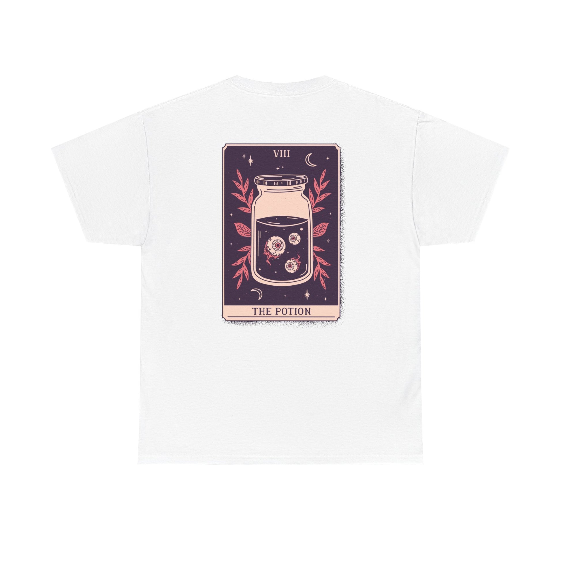 Weißes T-Shirt mit okkultem Rückendruck: Das Tarotmotiv zeigt ein Zauberglas mit schwebenden Augenblumen in magischem Flüssigkeitsbad.