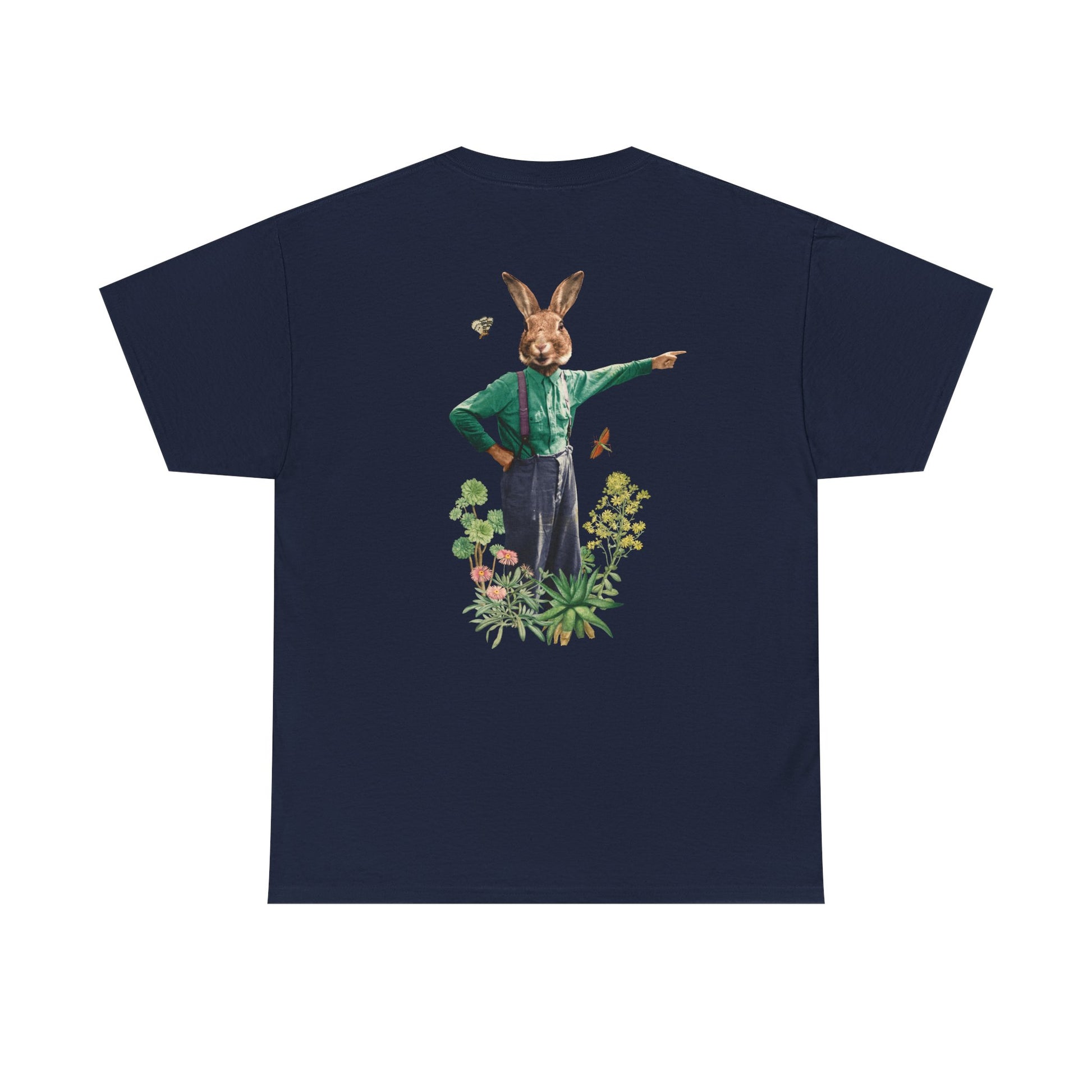 Marineblaues T-Shirt mit Back Print einer Animal-Human-Collage mit Hasen-Gärtner-Motiv