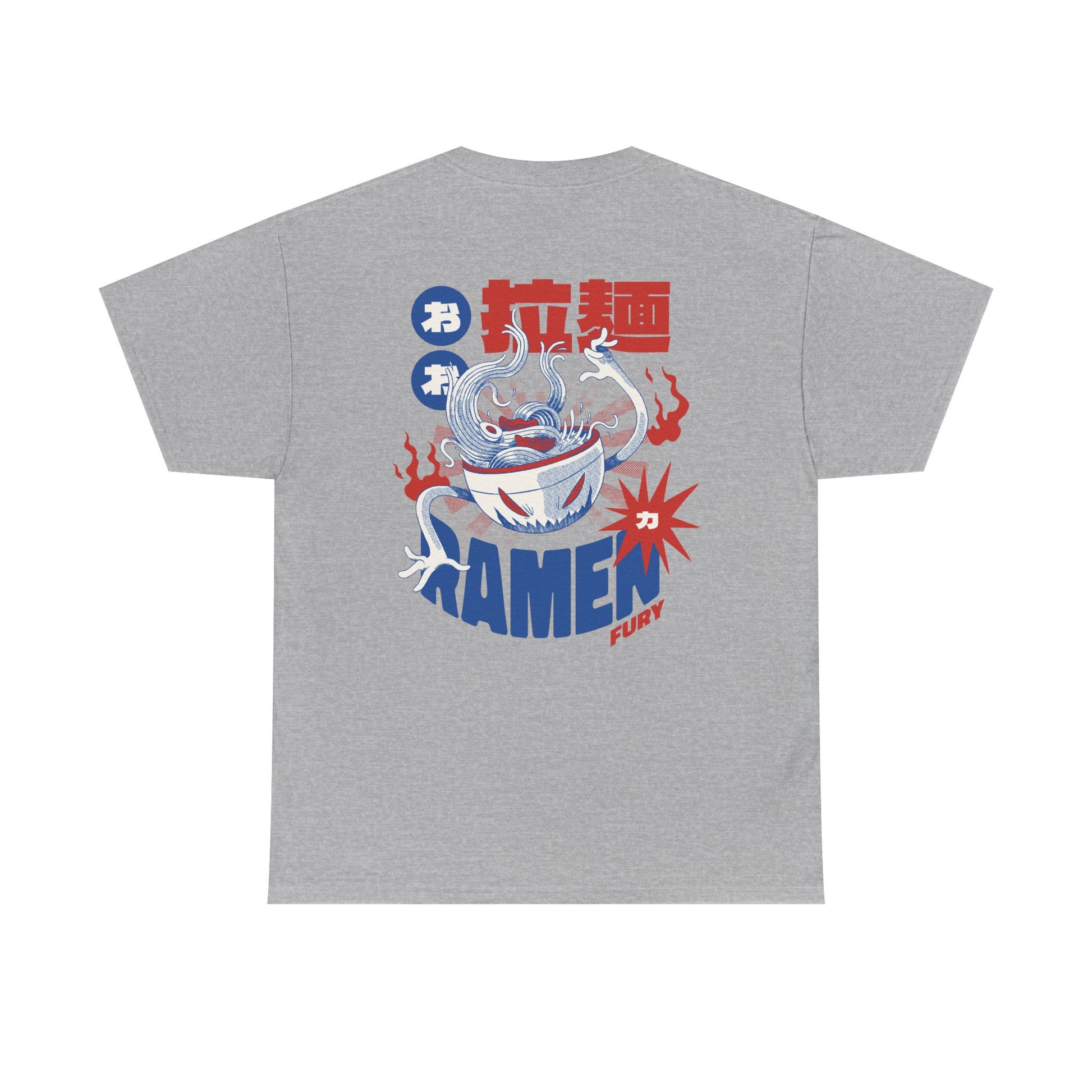 Graues T-Shirt mit Ramen-Kaiju auf dem Rücken: Aus der dampfenden Nudelschale entspringen Tentakel mit Krallen, begleitet von roten Flammen und asiatischer Typografie. Ein ironisches Monster-Food-Design mit starker Wirkung.
