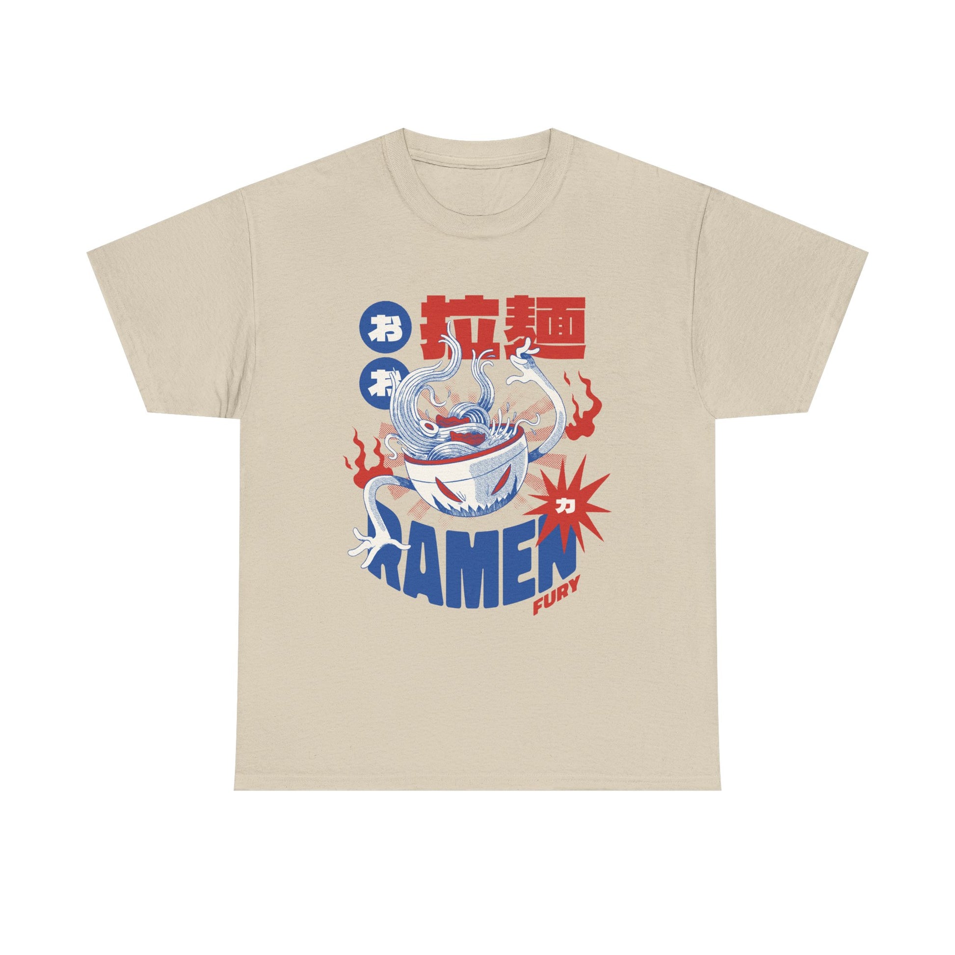 Sandfarbenes Shirt mit einer Ramen-Schüssel voller Zerstörungswut. Eine Hommage an Kaiju-Monster und japanisches Streetfood zugleich.