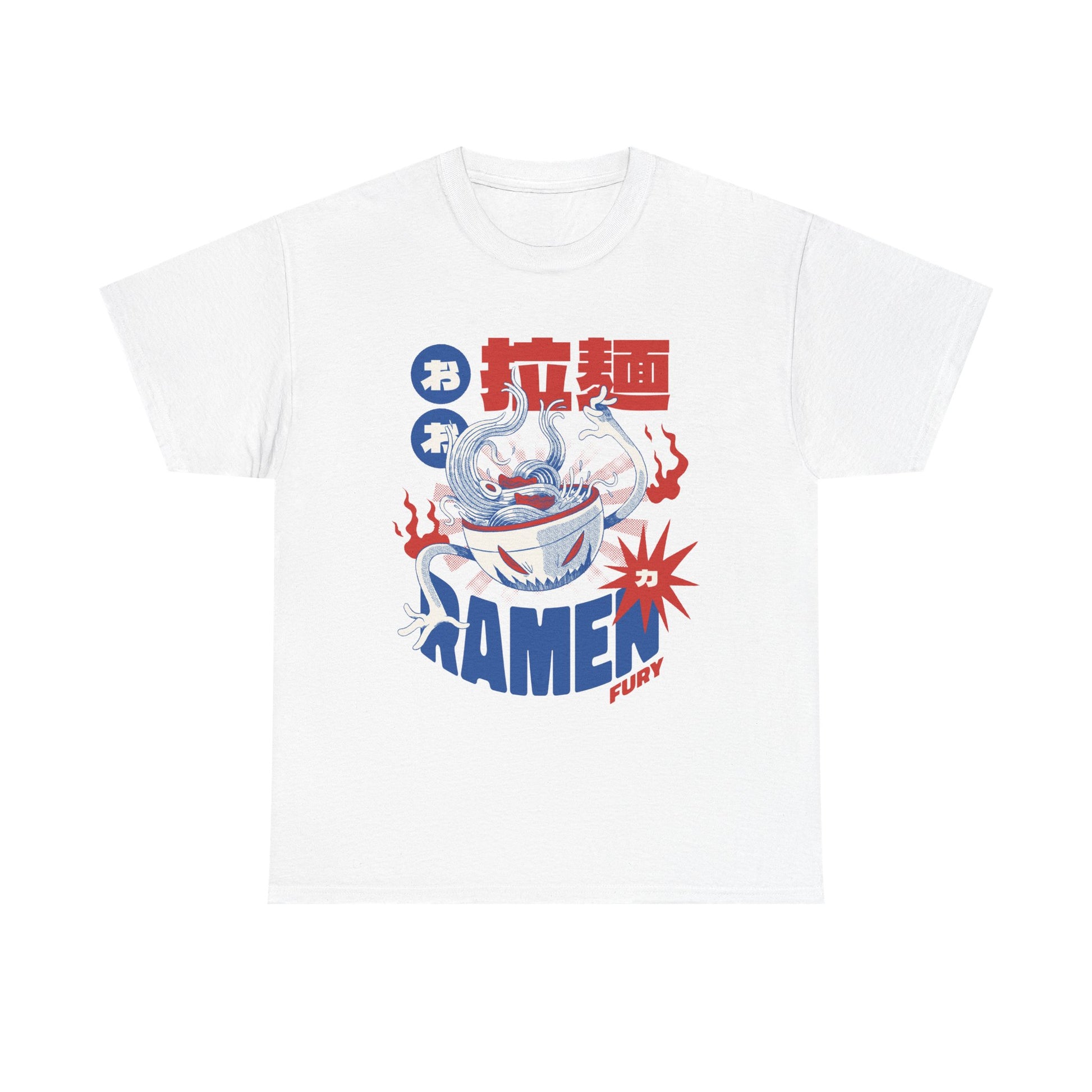 Weißes Shirt mit wilder Kaiju-Nudel-Schlacht: brodelnde Ramen-Schüssel, dampfende Wut, japanische Typografie – Food-Design mit Biss!