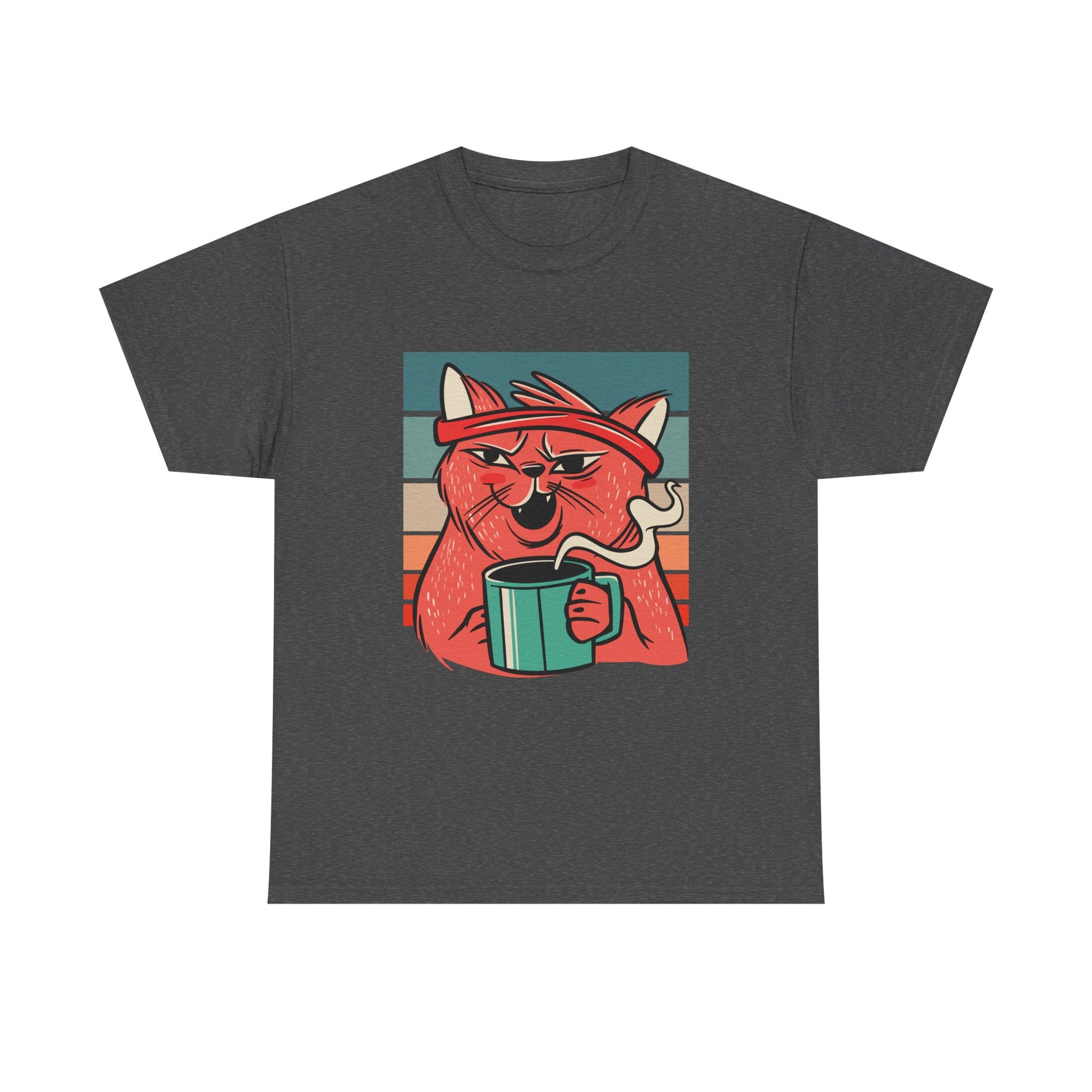 Dunkelgraues Shirt mit witzigem Retro-Katzenmotiv: Rote Katze mit Kaffeebecher und Stirnband – entspannt und stylisch.