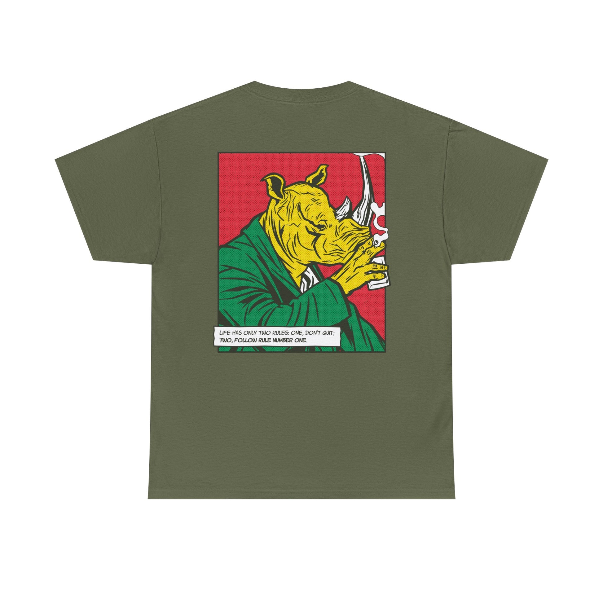 Militärgrünes Unisex T-Shirt mit Back Print eines Nashorns im Comic-Mafia-Street-Art-Stil