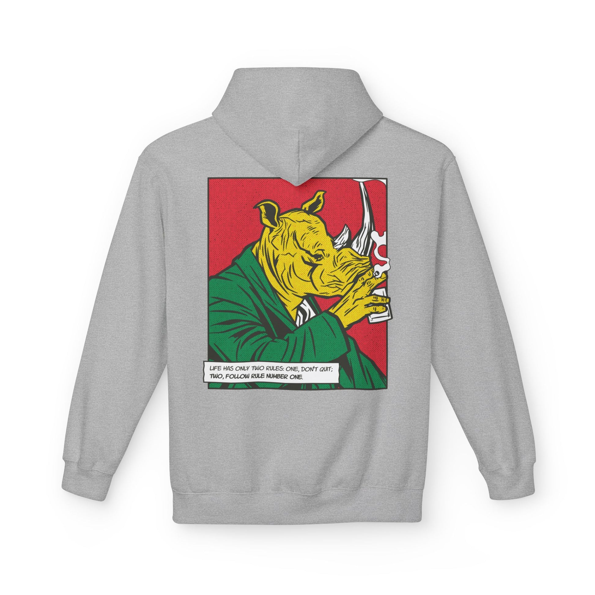 Grauer Unisex Hoodie mit Back-Print eines Whiskey trinkenden Nashorns im Comic-Mafia-Stil