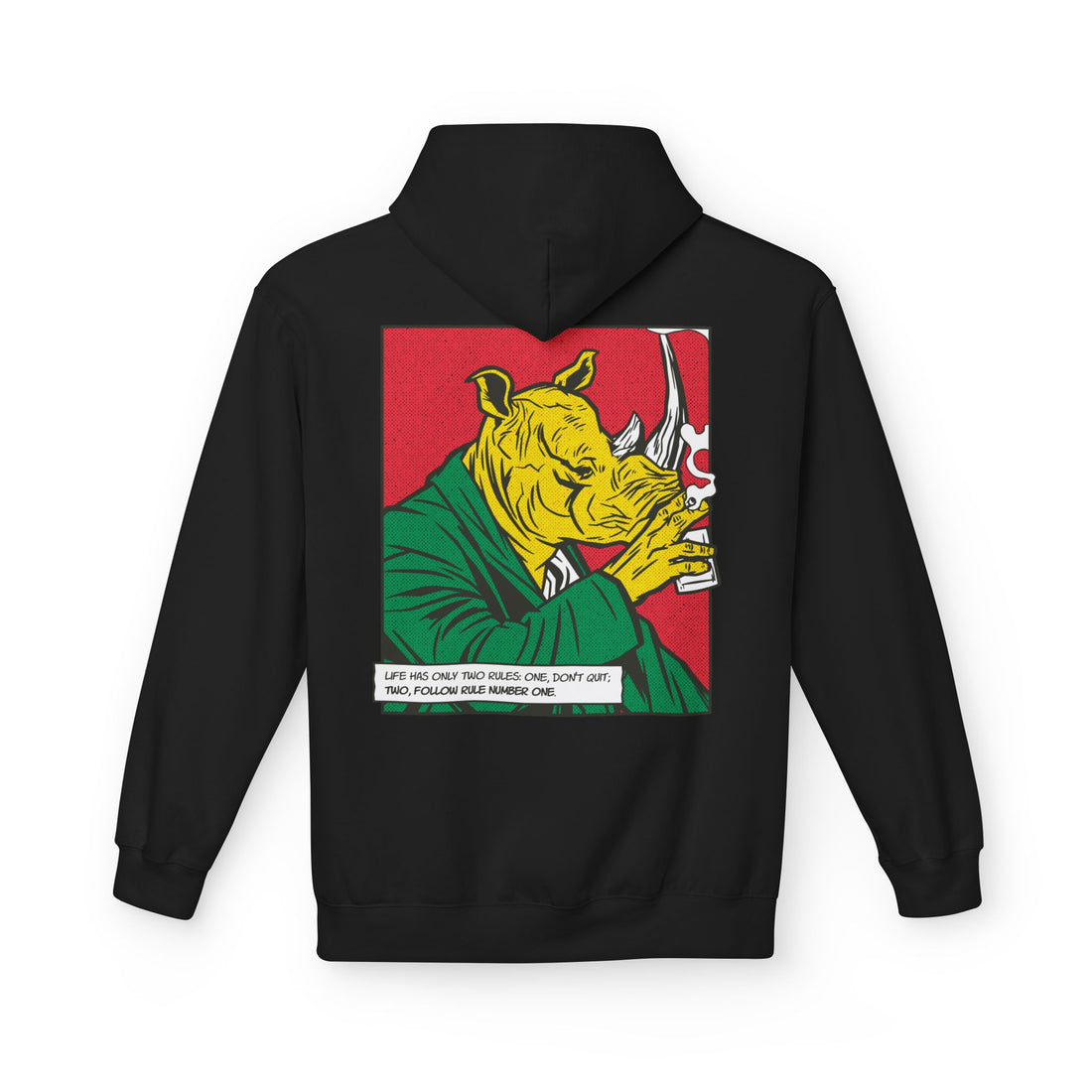 Schwarzer Unisex Hoodie mit Back-Print eines Nashorns im Comic-Mafia-Stil, das Whiskey trinkt