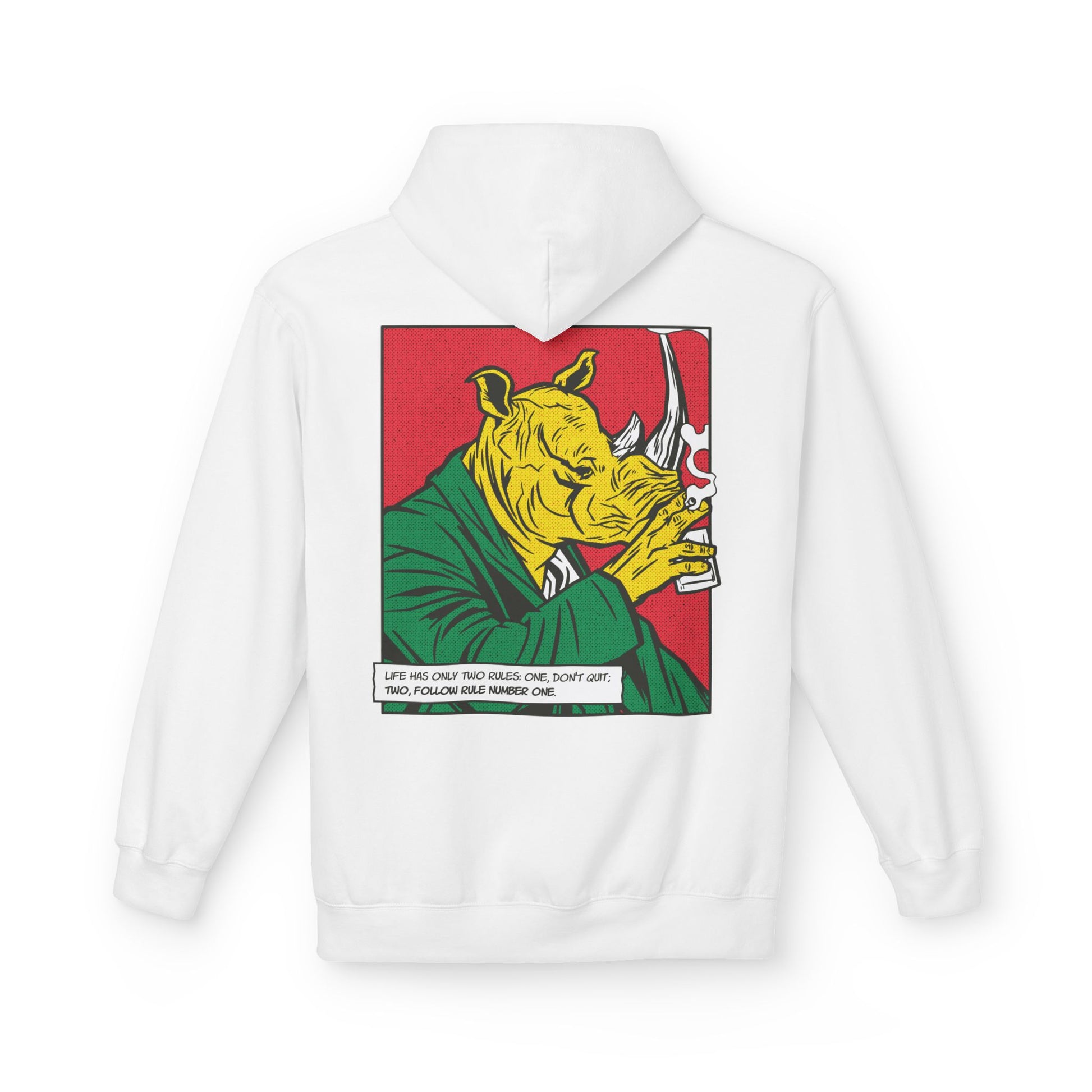 Weißer Unisex Hoodie mit Back-Print eines Comic-Nashorns mit Whiskeyglas