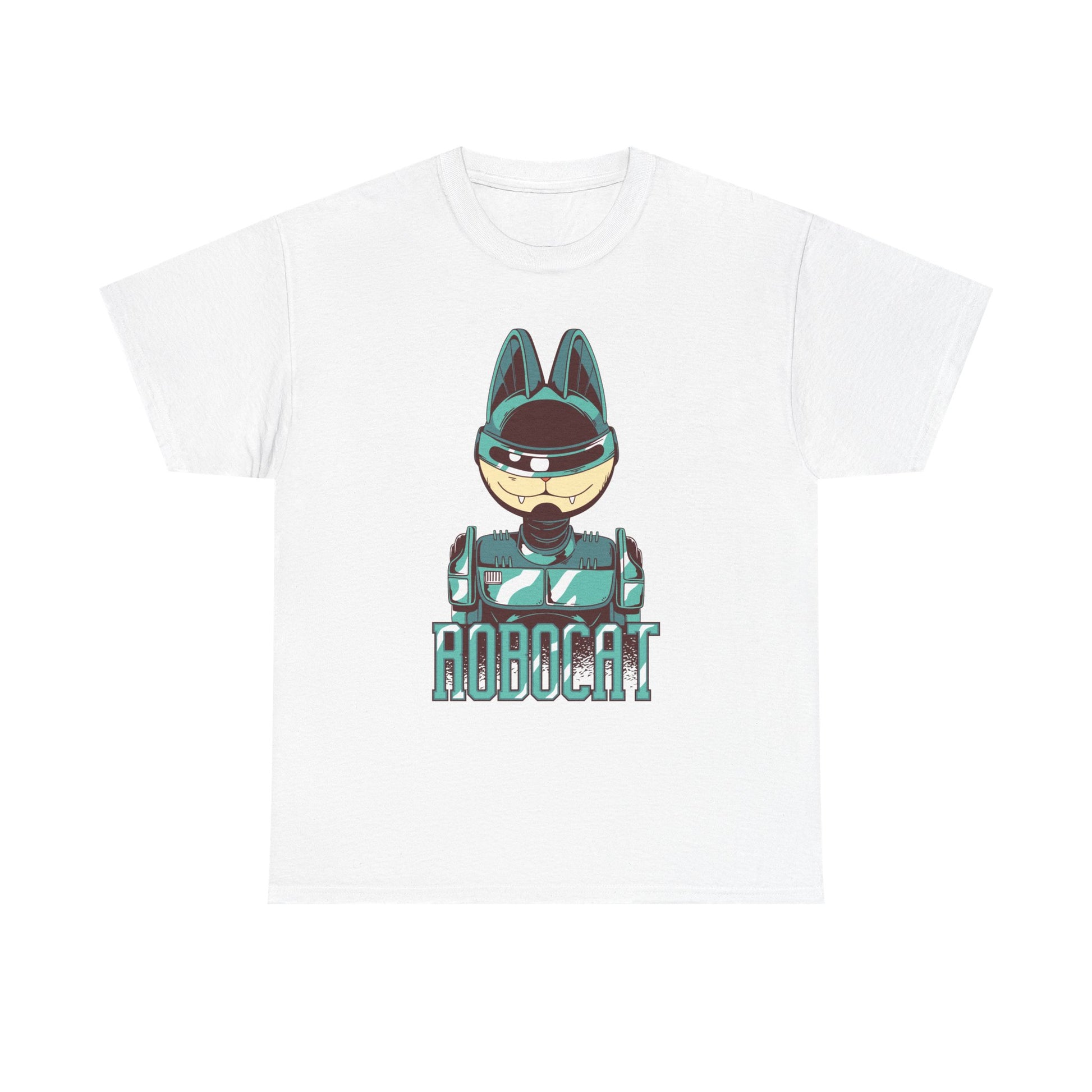 Vorderseite eines weißen T-Shirts mit Zeichnung einer gepanzerten Katze im Sci-Fi-Look. Comic-Illustration zentral platziert.